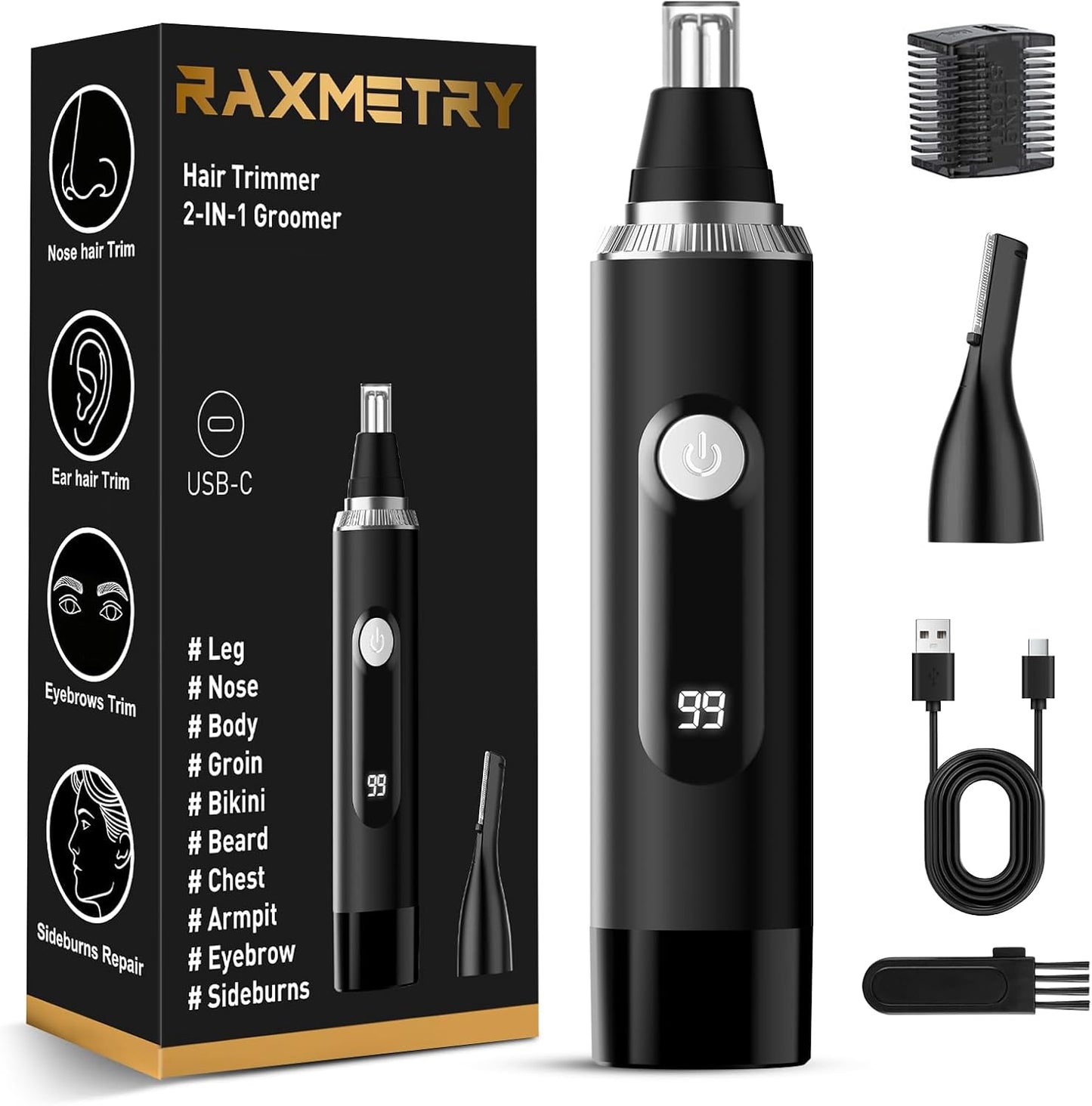 Nose Hair Trimmer | Professional Painless IPX7 Waterproof Eyebrow & Facial Hair Trimmer - USB Rechargeable with LED Display, Black/Silver