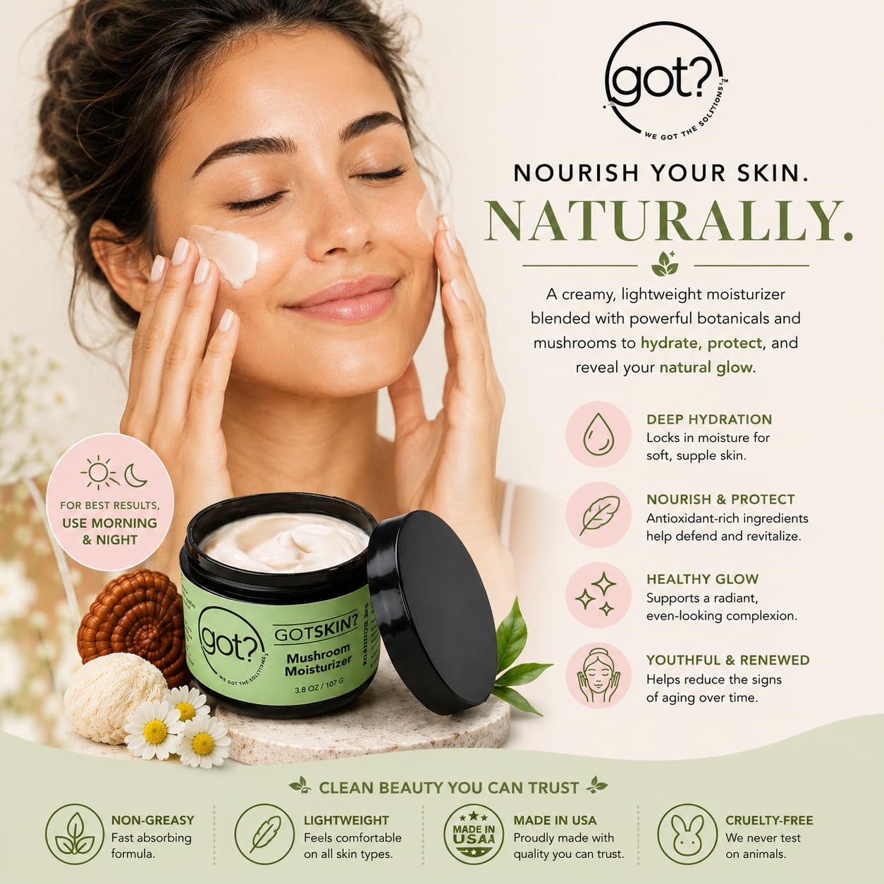 Got? Mushroom Face Moisturizer, Hydrating Face Cream with Reishi, Chaga, Cordyceps & Lion's Mane Mushrooms, Shea Butter & Vitamin E for Men & Women, 3.8 oz