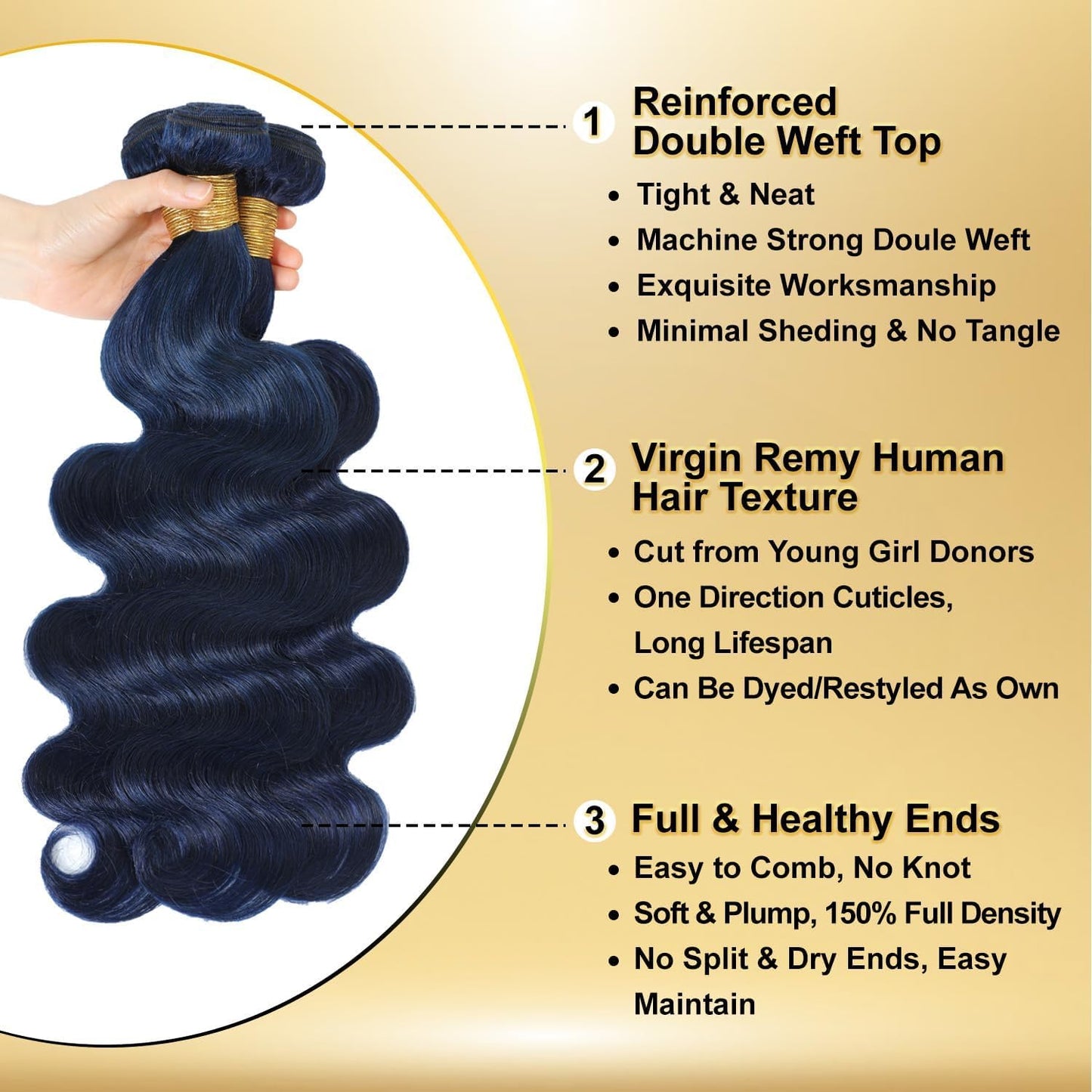 Syrenlore Dark Blue Human Hair Bundles, 12A 100% Brazilian Virgin Hair Body Wave Bule Colored Quick Weave Sew In Single Bundle 13 Inch