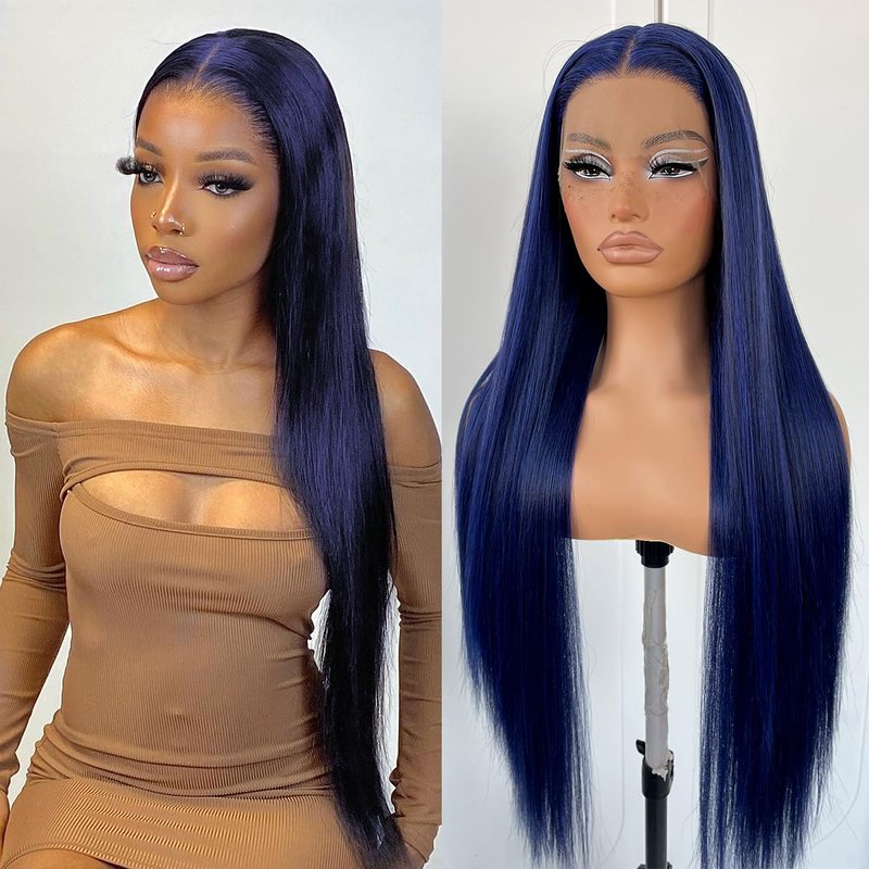 Blue Straight HD Lace Front Wig - Pre-Plucked Glueless Synthetic Hair for Women | Perfect for Cosplay & Fashion