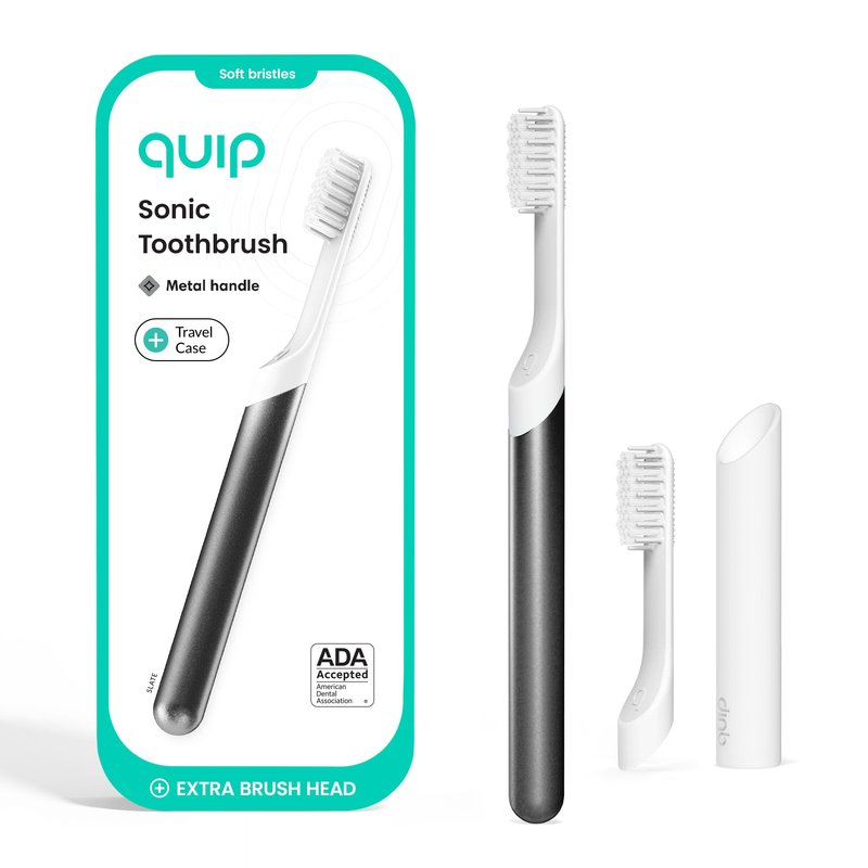 Quip Sonic Toothbrush for Adults with Timer - Includes Extra Brush Head and Travel Cover Mount - Electric, Soft Bristle Refill Head, Metal Handle, 3 Month Battery Life - Travel Toothbrush - Slate