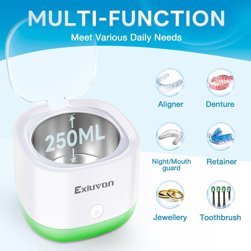 Ultrasonic Retainer Cleaner - 250ML Portable Dental Cleaning Machine for Aligners, Dentures & Jewelry | 45KHz Technology