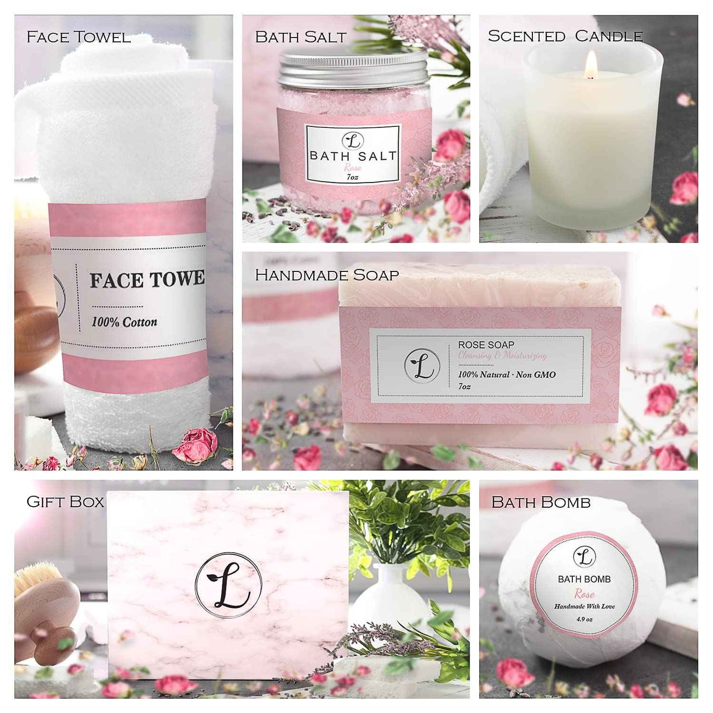 Spa Gift Set 100% Natural, Gift Box Includes: Bath Bomb, Bath Salt, Hand Soap, Scented Candle, Face Cloth and Gift Box. Best Gift for Her. (Rose)