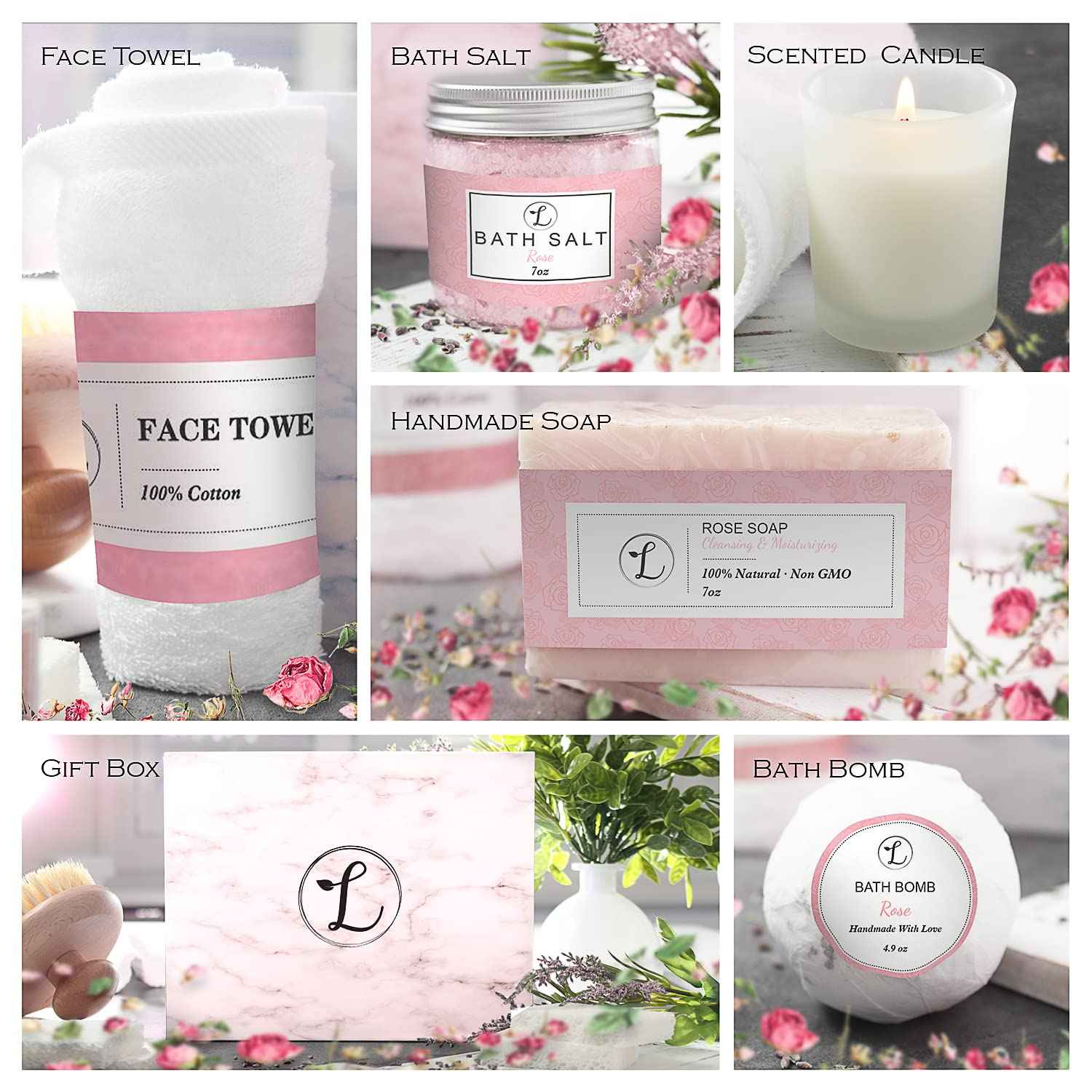 Spa Gift Set 100% Natural, Gift Box Includes: Bath Bomb, Bath Salt, Hand Soap, Scented Candle, Face Cloth and Gift Box. Best Gift for Her. (Rose)