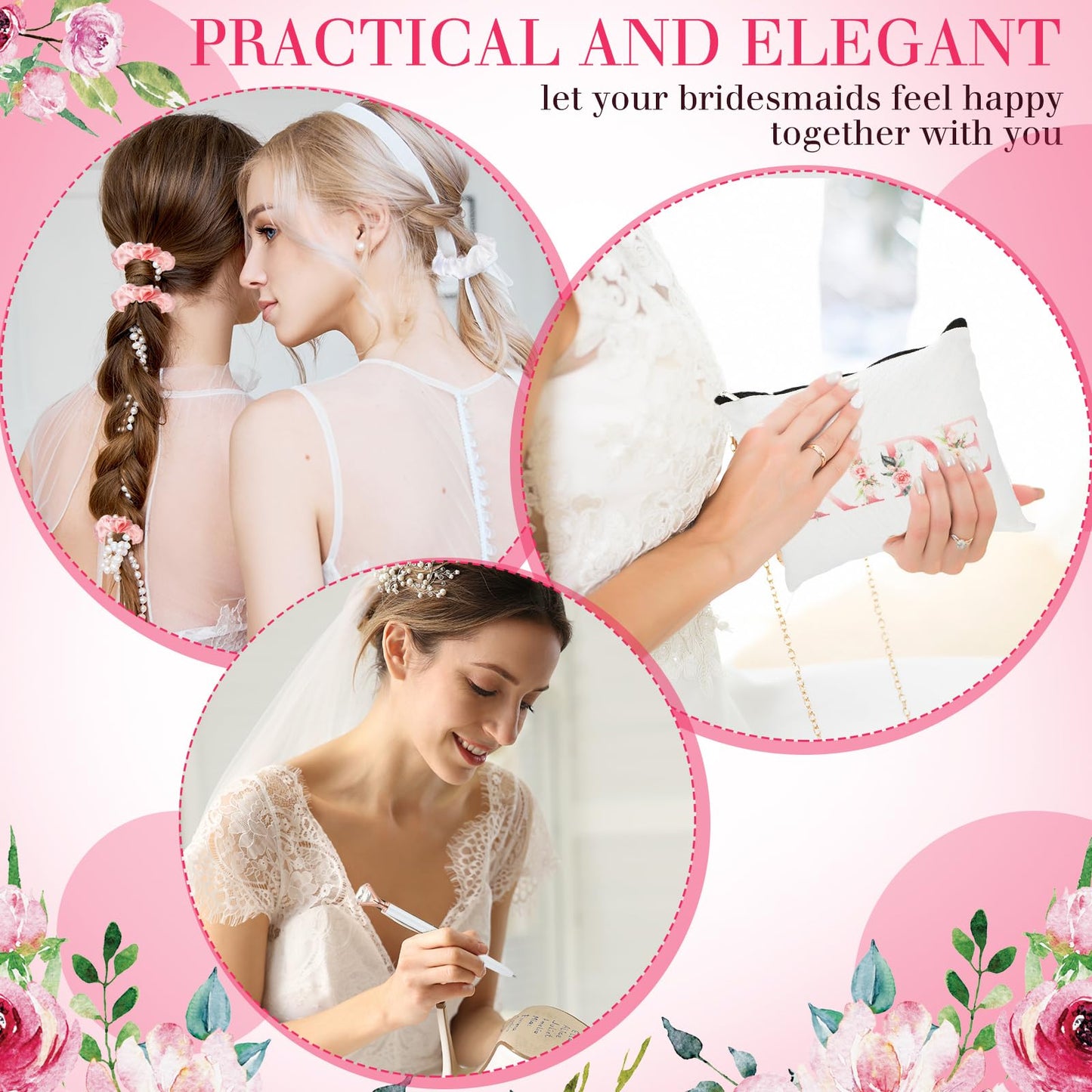 HyDren 35 Pcs Bridesmaid Proposal Gifts Maid of Honor Gift Include Champagne Flutes Makeup Bags Invited Cards Hair Scrunchies Bracelets Diamond Pens for Wedding Bachelorette(Cute Style,Pink)