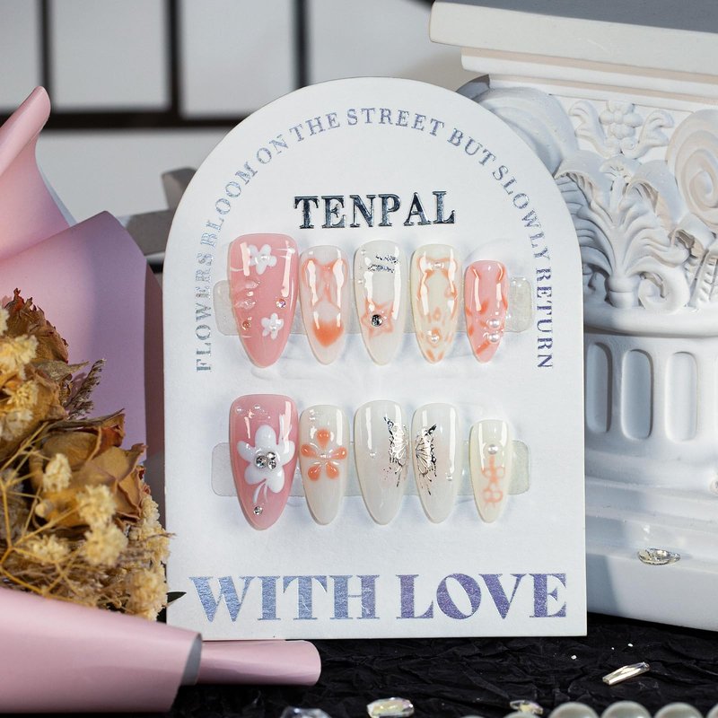 TENPAL Handmade Press on Nails Medium Almond Pink Acrylic Nails with Hand Painted Versatile Floral Bow Tie Designs Full Cover Reusable Fake Nails Press Ons 10pcs/box Glossy Glue on Nails(M)