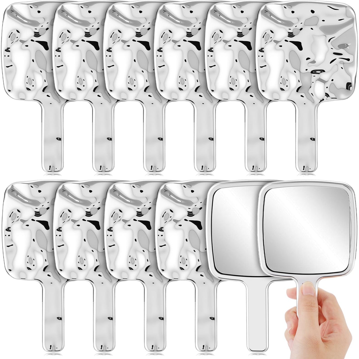 Geetery 12 Pcs Handheld Mirrors with Handle, Water Ripple Silver Square Portable Decorative Hand Mirrors Bulk for Barber Bathroom Salon Travel Party Favors Gift