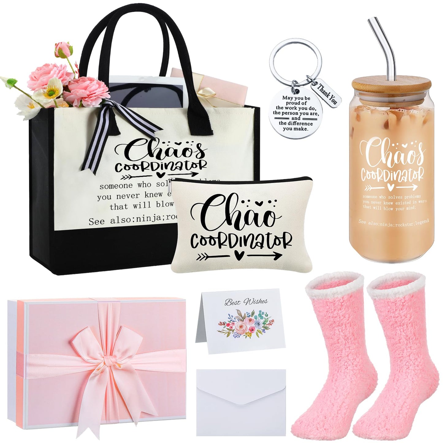 Paterr 7 Pcs Coworker Gifts for Women Thank You Gifts Include Tote Bag Makeup Bag 18oz Cup Socks Keychain Thank You Card and Box for Coworker Nurse Wife