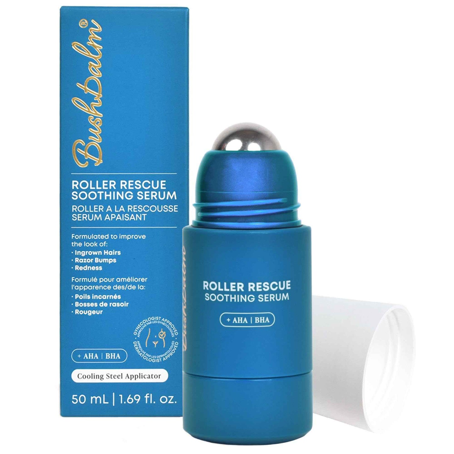 Bushbalm Roller Rescue Ingrown Hair Serum, Includes AHA and BHA - Exfoliating, Soothing, Cooling for Intimate Areas, Underarms - Helps With Razor Bumps and Ingrown Hairs, Blue 50 ml