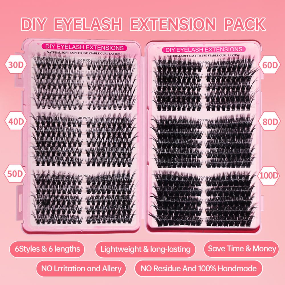 Lash Extension Kit - DIY Lash Clusters, 540pcs in D Curl, 9-16mm Natural Volume Individual Lashes | 30D-100D