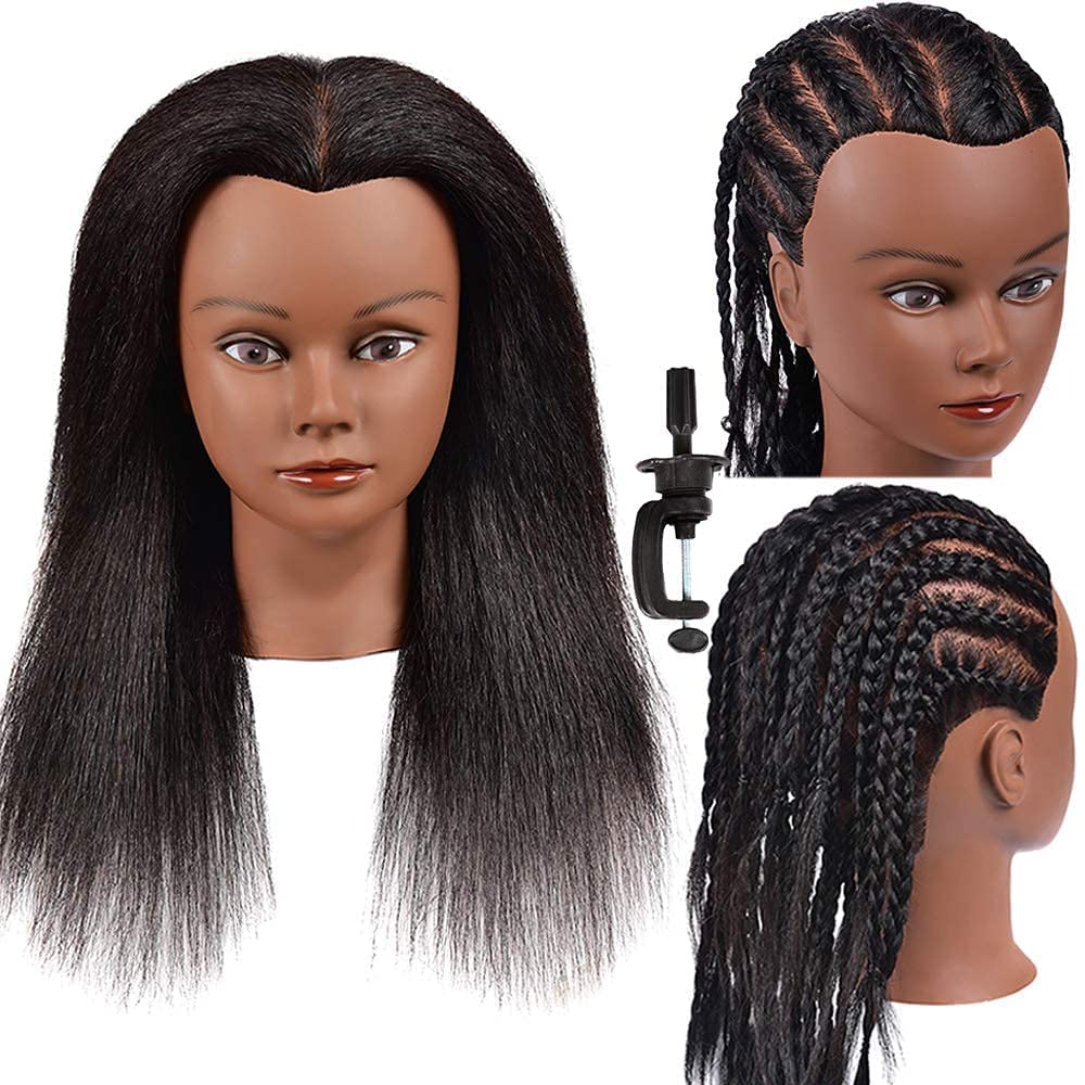 Morris Mannequin Head 100% Human Hair Training Head Kinky Curly Hair Hairdresser Manikin Head Cosmetology Doll Head for Hairdresser Practice Styling Braiding with Clamp Stand (16Inch)