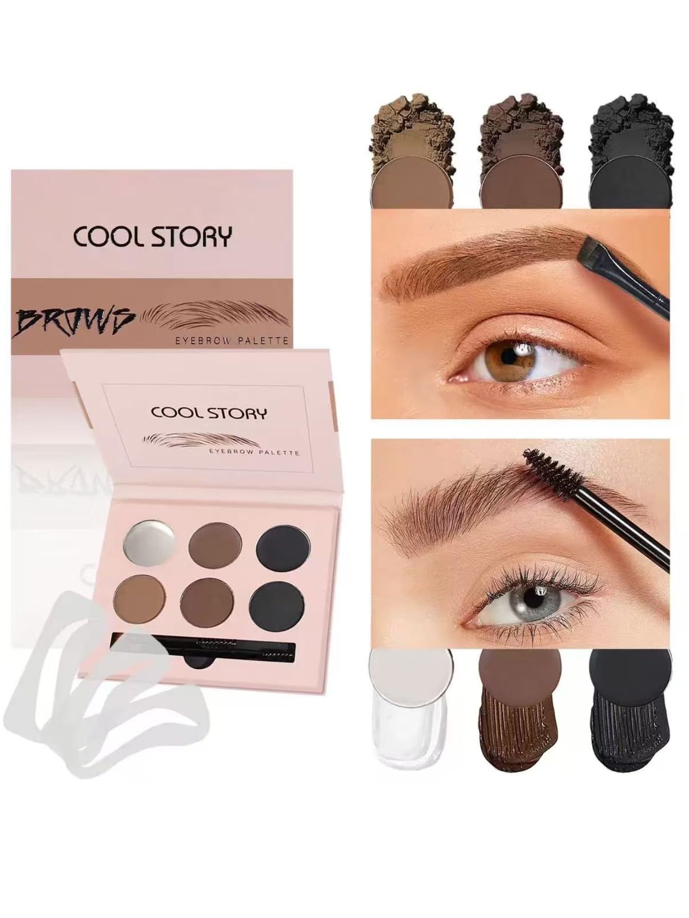 6‑Color Eyebrow Powder & Pomade Palette, Waterproof Long Lasting Brow Styling Kit with Clear Brow Gel, 10 Reusable Eyebrow Stencils & 2 Double‑Ended Brushes, Natural Brow Shaping Makeup for Beginners