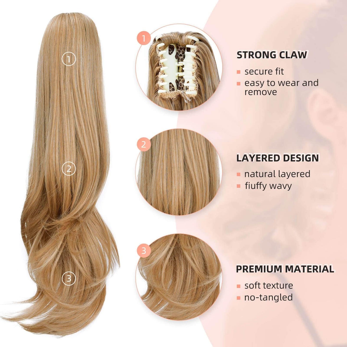HEWEICSY Ponytail Extension,Hair Extension Ponytail 20" Long Claw Hair Extension Synthetic Wavy Straight Hairpieces Ponytail Clip in Ponytail Wig Daily Fluffy Pony Tail for Women(Blonde)