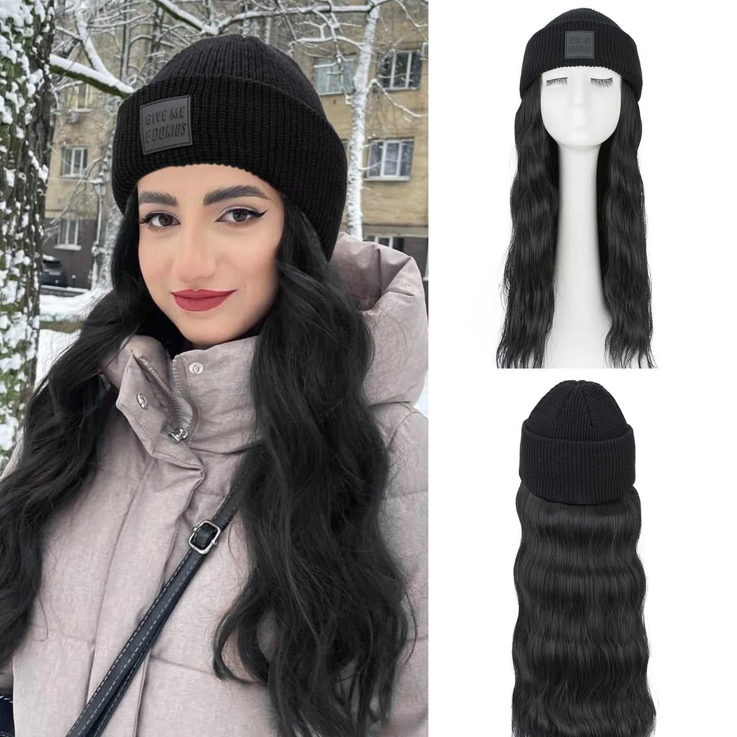 S-noilite Beanie Wig Hair Extensions,11 Inch Short Straight Hair Extensions with Knitted Hat Wigs for Women Winter Medium Brown