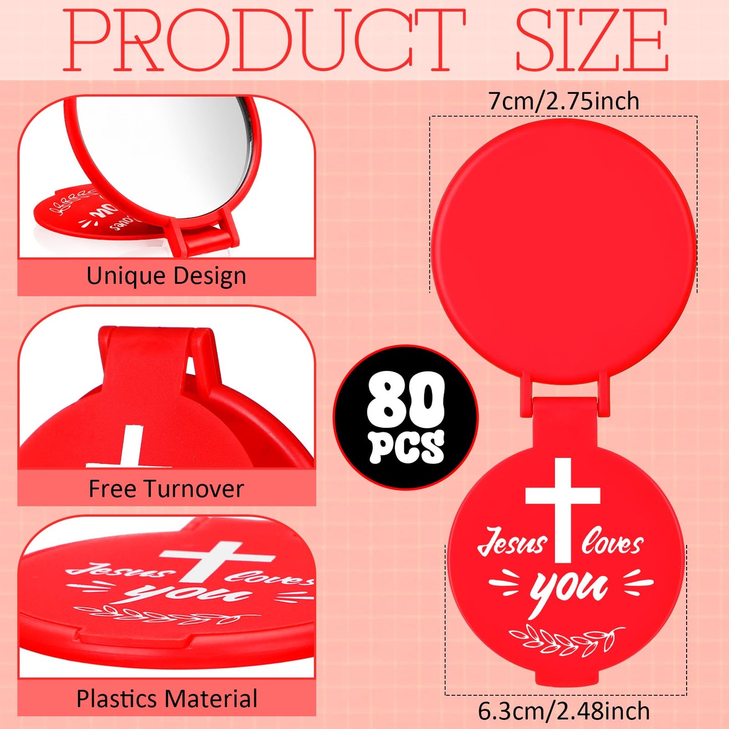 Yerliker 80 Pcs Christian Mini Compact Mirrors Bulk, Jesus Loves You Inspirational Bible Verse Pocket Mirrors for Women, Religious Gifts for Mother's Day, Church Sunday School Baptism Party Favors