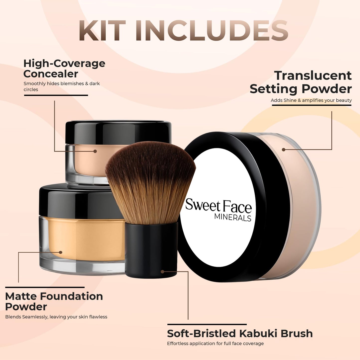 4-Pc FULL SIZE KIT – Matte Loose Mineral Foundation, Concealer & Finishing Powder + Kabuki Brush Lightweight, SPF 30