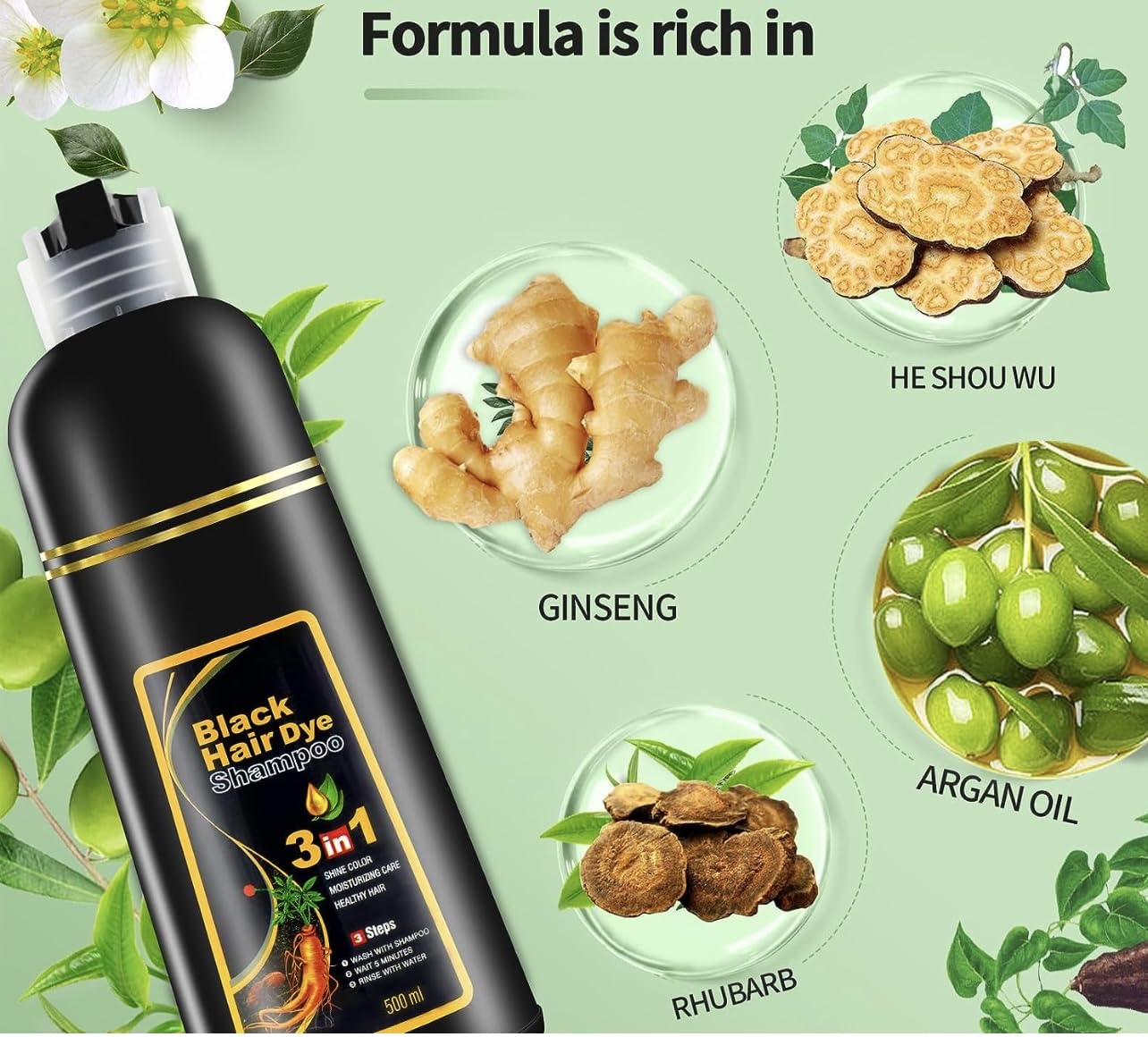 500ML Permanent Black Hair Color Dye Shampoo - Organic Natural Plant Essence for Women & Men, Covers Gray/White Hair, Instant 3-in-1 Hair Colouring Herbal Shampoo, 17 Fl Oz (BLACK)