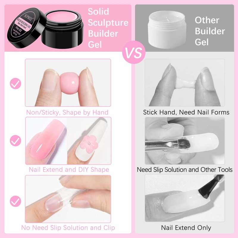 SUPWEE Solid Builder Gel for Nail Extension Non Stick Hand Scupture Hard Gel with Dual Form Nail Brush Tool for Home DIY Manicure 7 Colors 14g(0.49 oz)