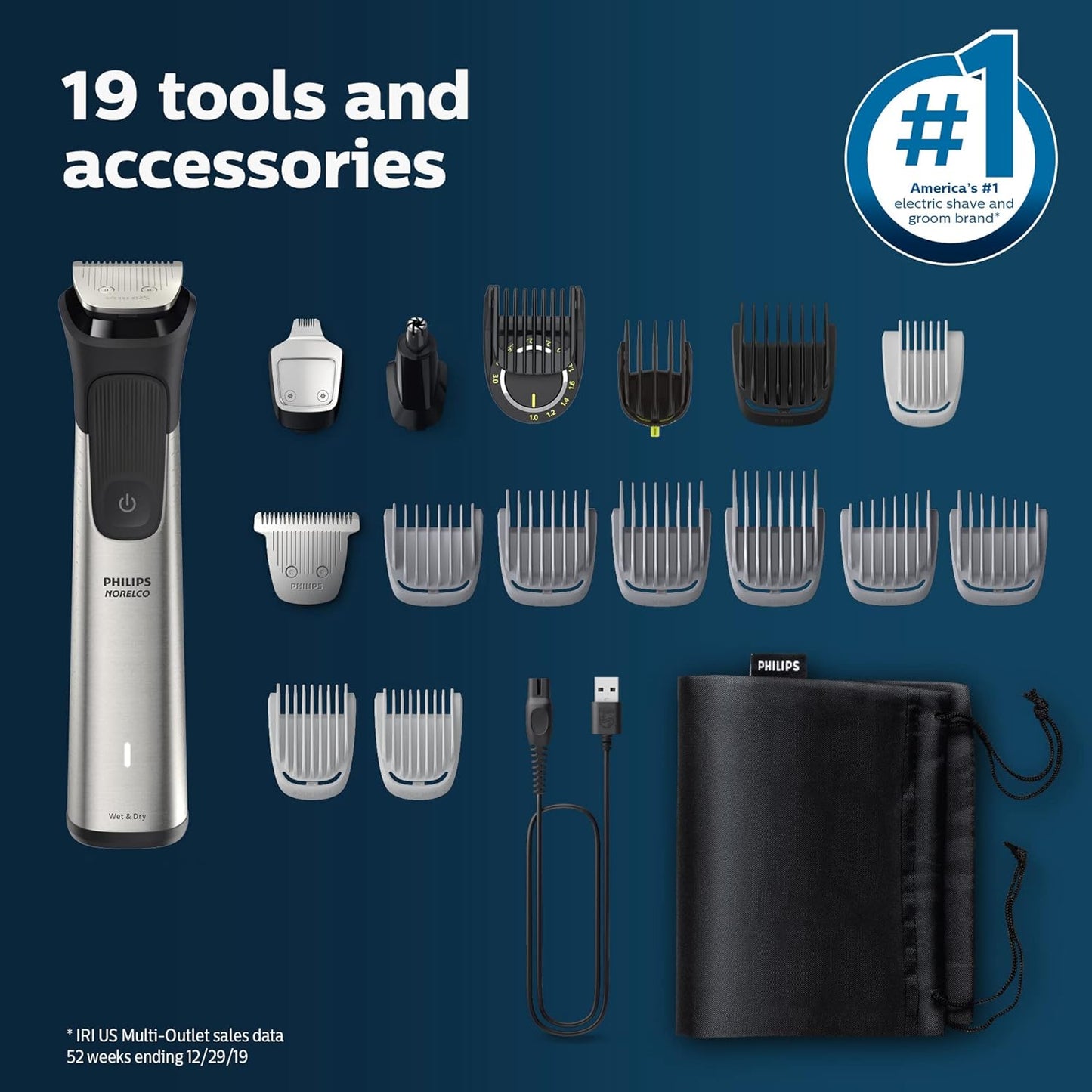 Philips Multigroom 7000 Series - All-in-One Beard Trimmer & Hair Clipper | 19-Piece Men's Grooming Kit with Soft Pouch, MG7910/49