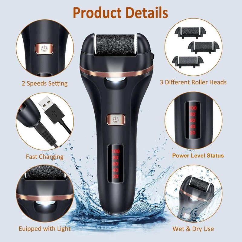 Electric Callus Remover - Rechargeable Waterproof Foot File for Hard Skin | 14-in-1 Professional Pedicure Kit with 3 Roller Heads, 2 Speeds (Black)