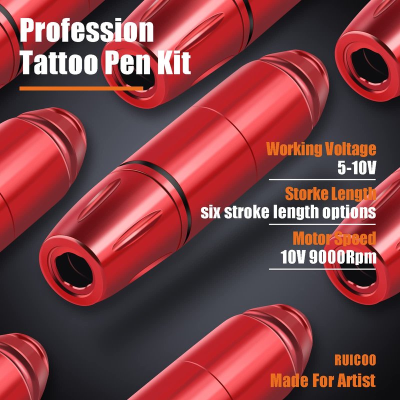 Tattoo Pen Kit - Ruicoo Tattoo Rotary Machine Kit Wireless Machine Pen Kit (Red) Carrying Case with Tattoo Cartridge Needles Tattoo Practice Skin for Tattoo Artists and Suppliers