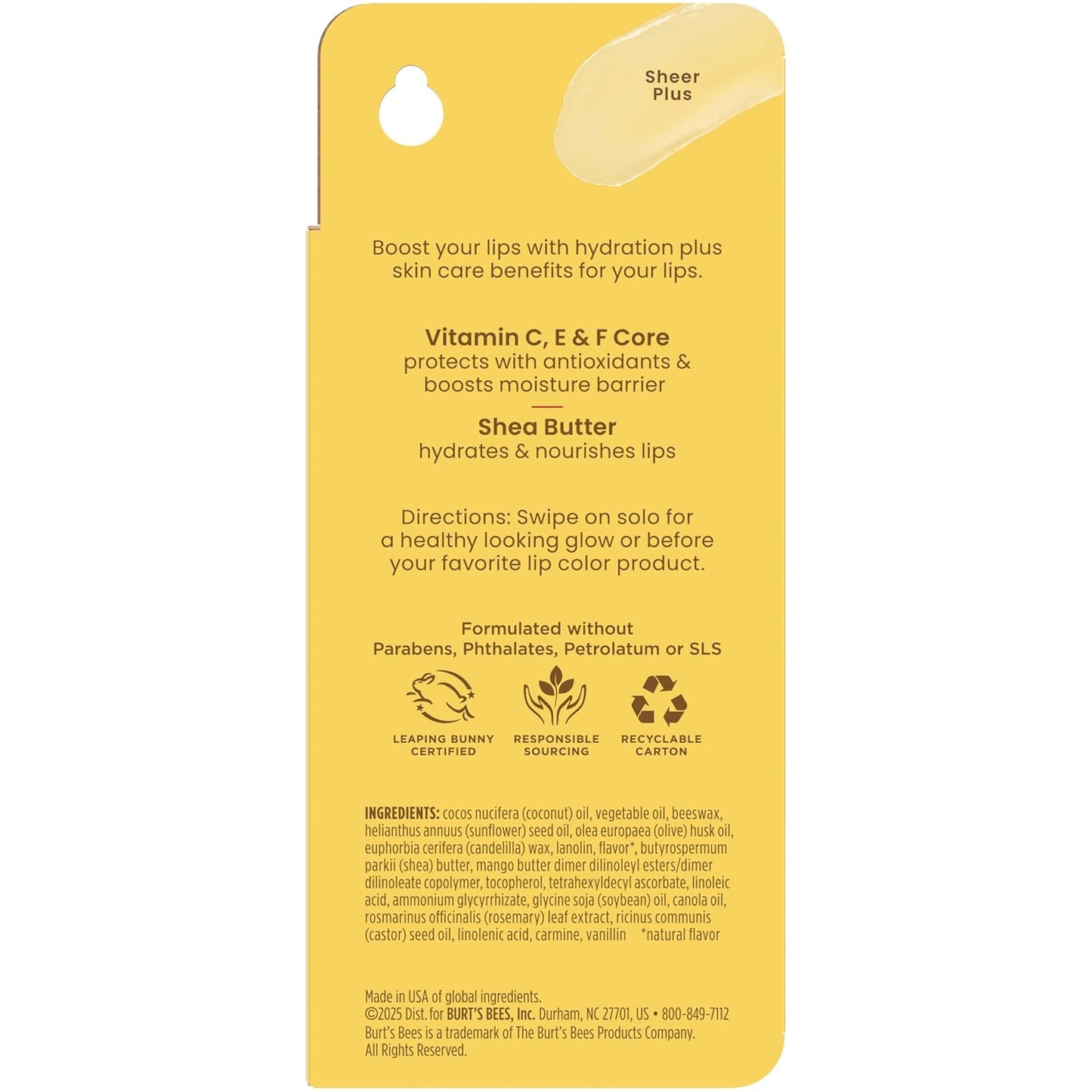 Burt's Bees Lip Balm - Nourishing Vitamin C & E Formula | 24-Hour Moisture, Tint-Free, 0.16 Oz