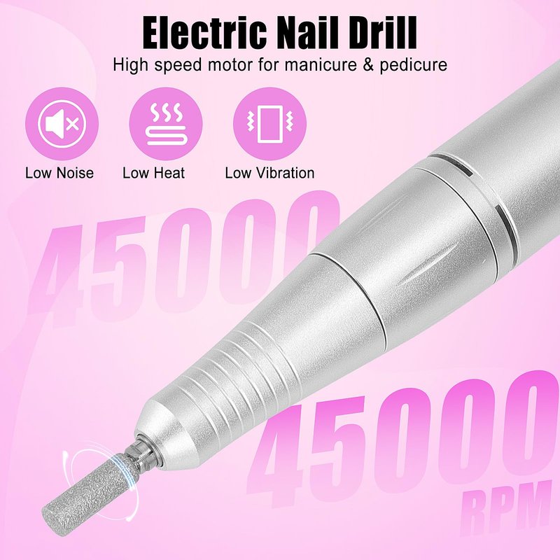 HZXINGWANG Professional 45000 RPM Portable Nail Drill & Electric Nail File for Acrylic Nails, Gel Polish Removal – Rechargeable with 6 Drill Bits Kit for Home & Salon Use (White)