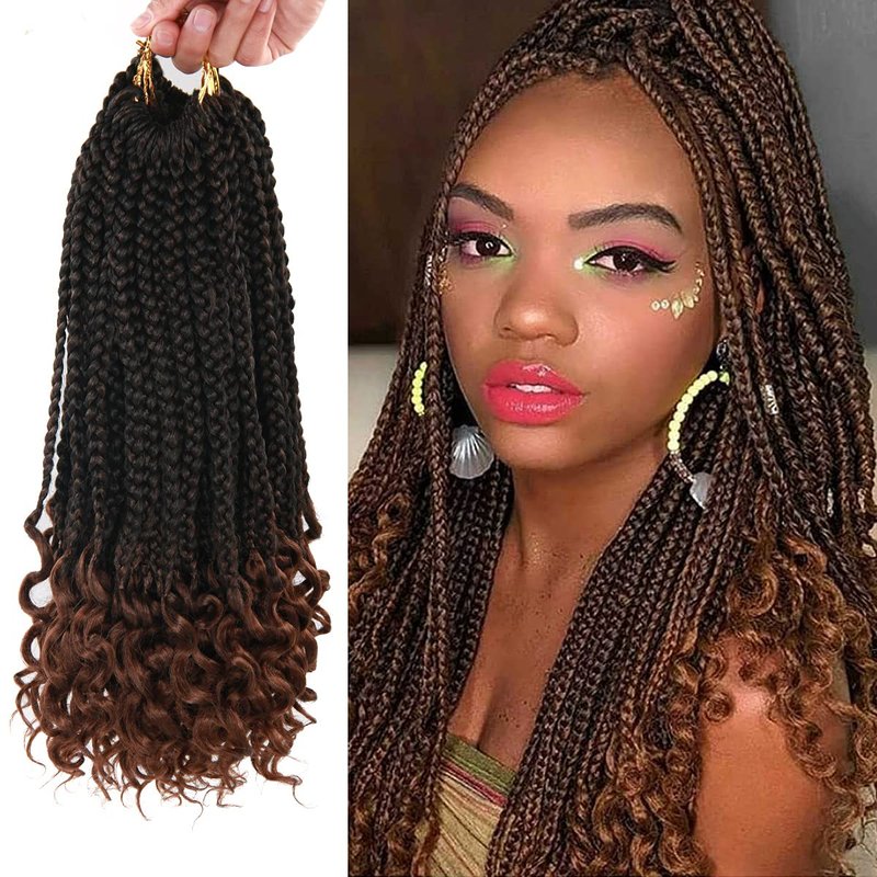 Box Braid Crochet Hair - 14 Inch Ombre Brown Curly Wave Goddess Braids | 144 Roots, 24 Strands