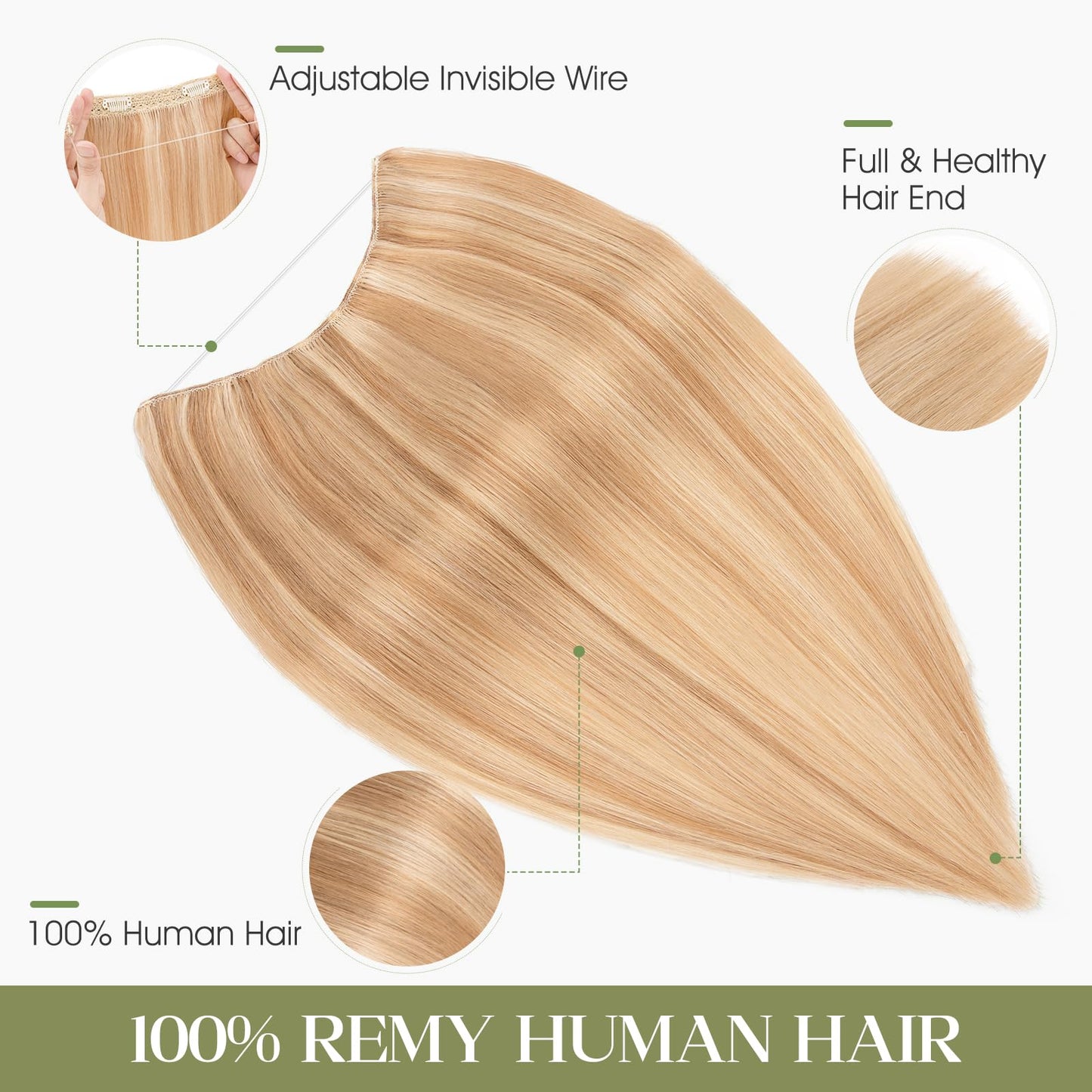 Charites Halo Hair Extensions Real Human Hair Invisible Wire Extensions with Transparent Fish Line Adjustable Size Golden Brown & Bleach Blonde 12 inch