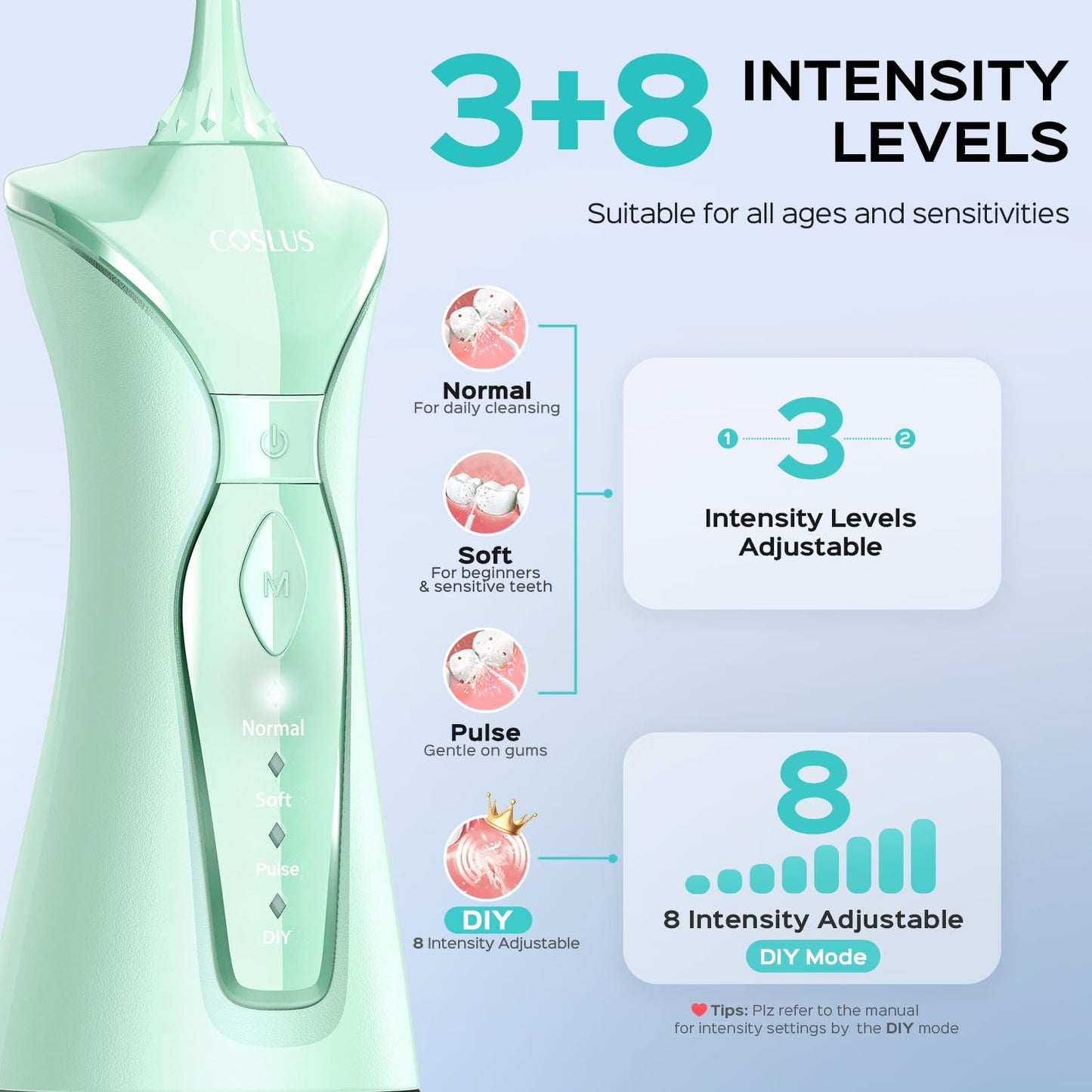 COSLUS Water Dental Flosser Pick for Teeth C30(FC5360): 4 Modes Cordless Portable 300ML Larger Tank Water Teeth Cleaner IPX7 Waterproof Flossing Cleaning Picks for Home Travel Green