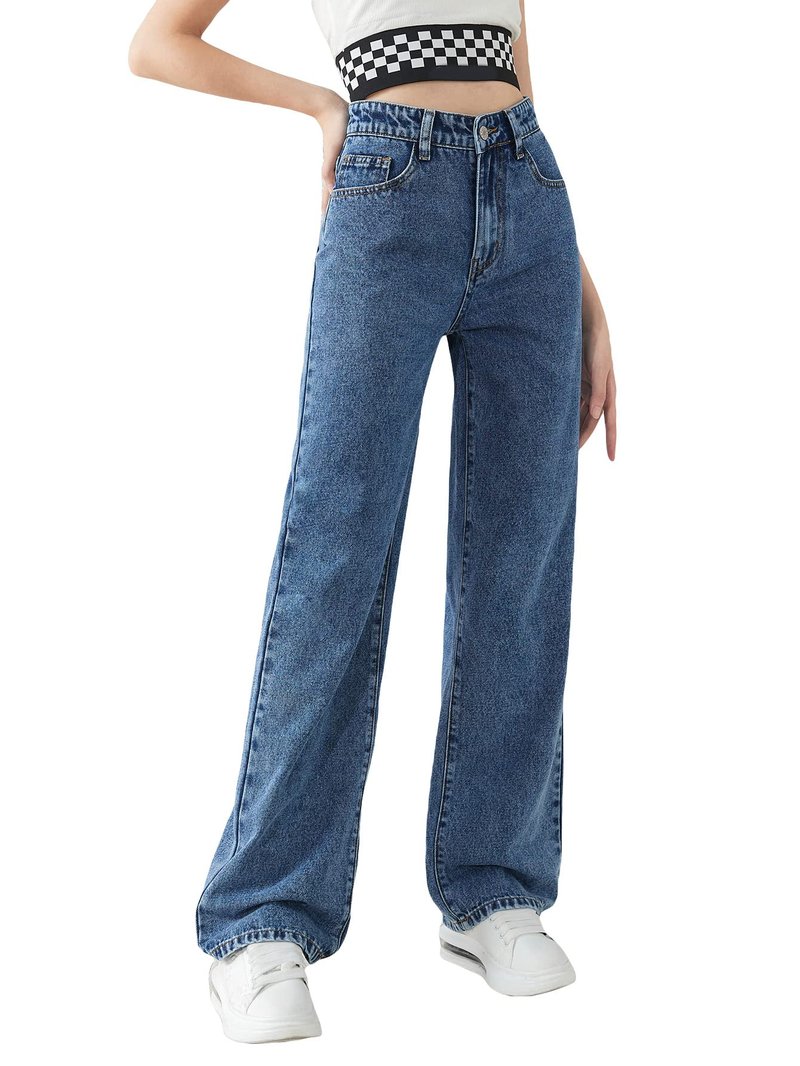 SweatyRocks Girl's Casual High Waist Solid Denim Pants Stretchy Flare Leg Jeans with Pocket Medium Wash 10-11Y