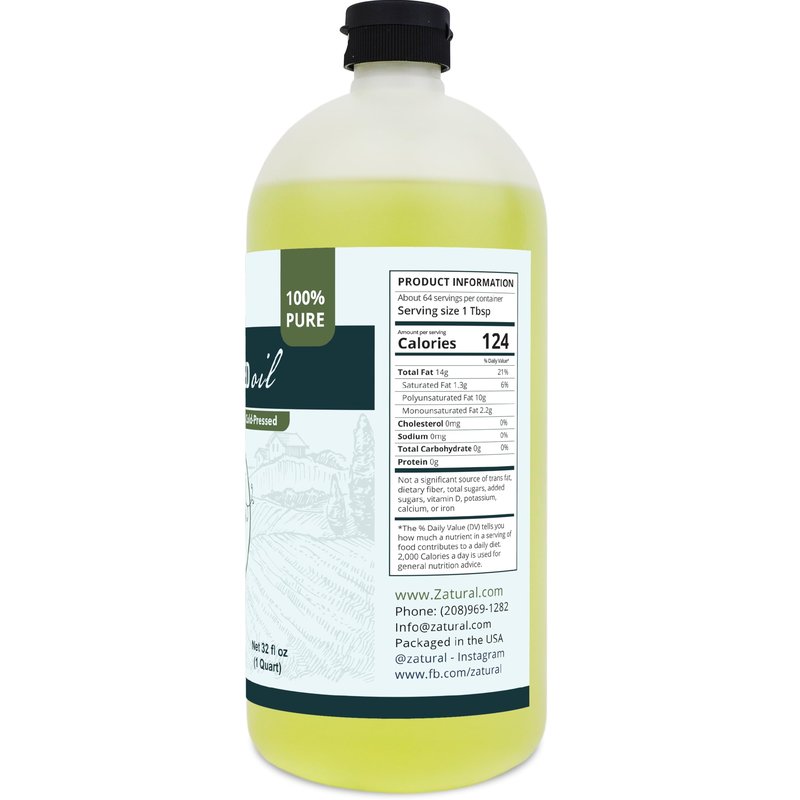 Zatural 100% Pure Cold Pressed Grapeseed Oil – Naturally Grown Virgin, High Smoke Point 450°F+, Non-GMO, Perfect for Cooking Frying Baking, Dressings Marinades & Skincare Hair (32 Fl oz)