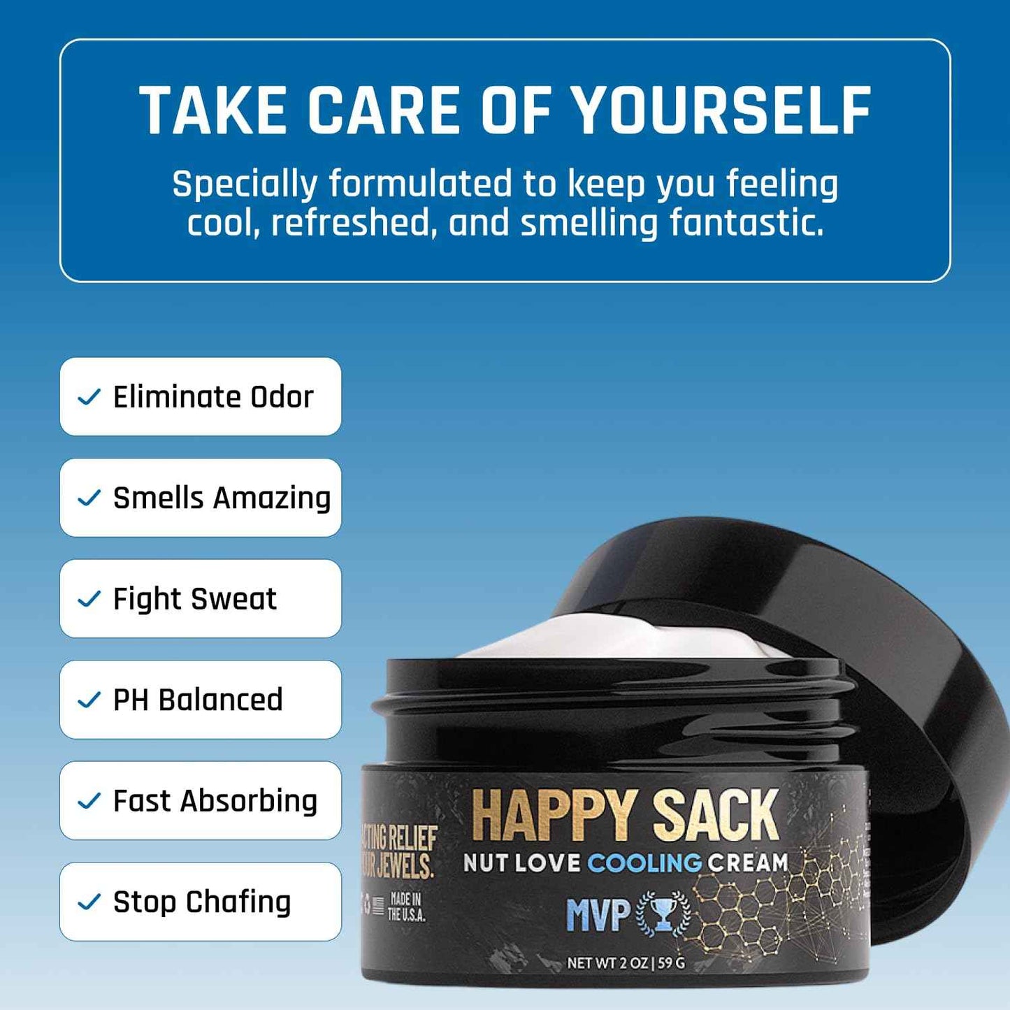 Derm Dude Happy Sack Ball Deodorant & Anti-Chafing Cream for Men | Nut Cooling Lotion for Groin & Private Parts | Odor Control, Aluminum-Free, DeoPlex Formula – MVP Scent, 2oz (1 Pack)