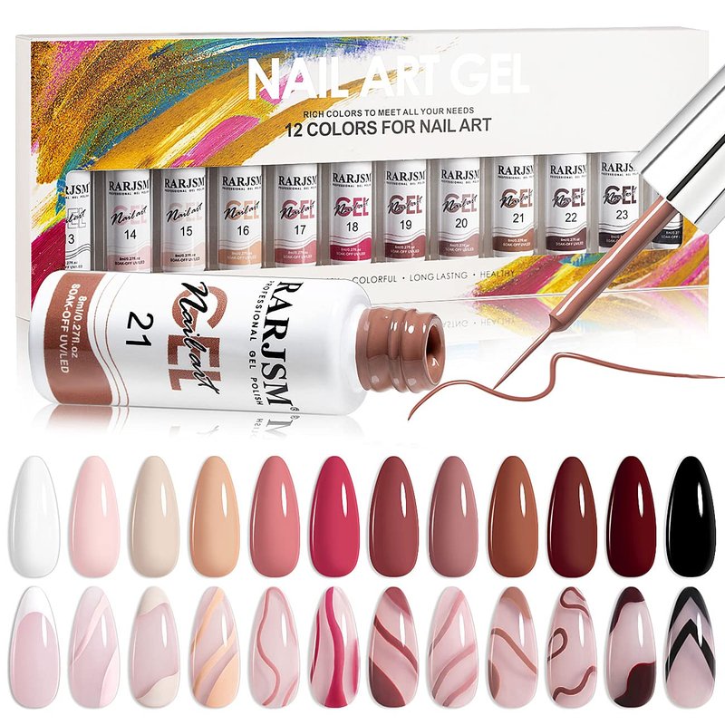 RARJSM Nail Art Gel Liner Painting Polish Set 12 Colors Autumn Winter Brown Wine Red Collection,Painted Gel Nail Polishes Soak Off Curing Requires Salon DIY Manicure NailArt Design Line Art Gelpolish