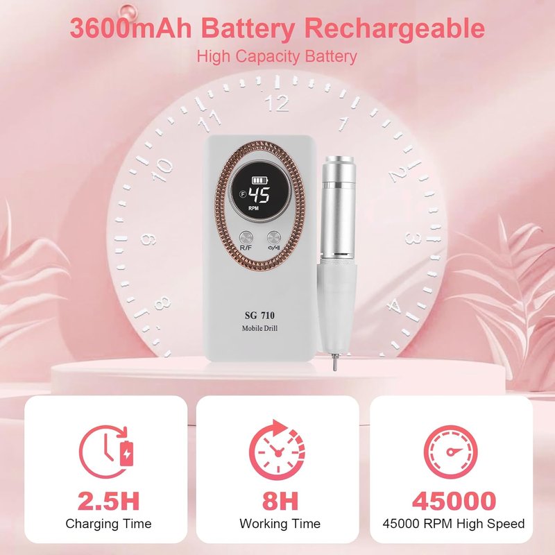Electric Nail Drill Machine - 45000RPM Rechargeable Portable Kit with Smart LCD Screen | Gel Nail Manicure & Pedicure (White)
