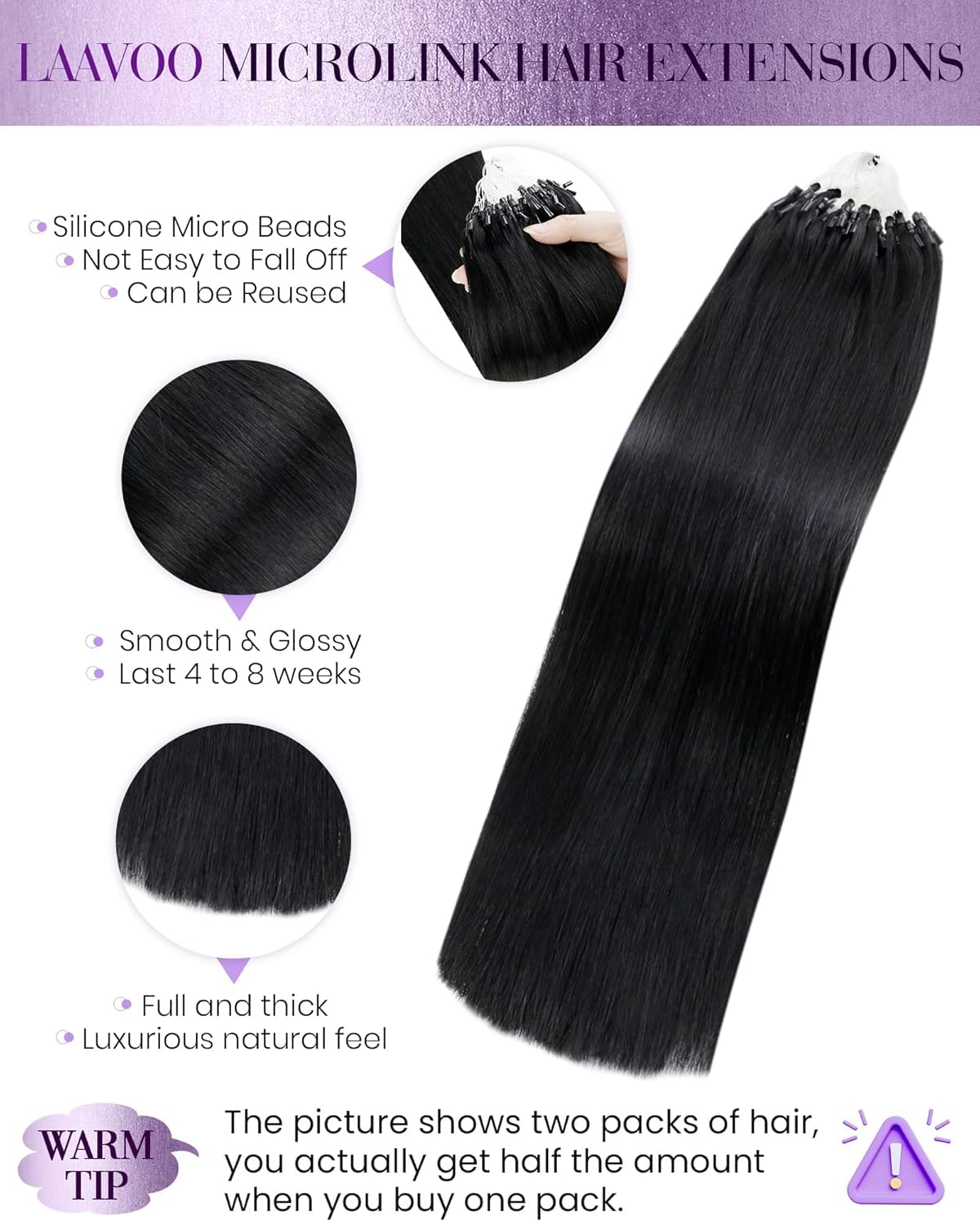 LaaVoo Microlink Hair Extensions Human Hair Jet Black 20inch Microbead Hair Extension Real Human Hair Micro Link Extensions Black Straight Hair 50gs 50g