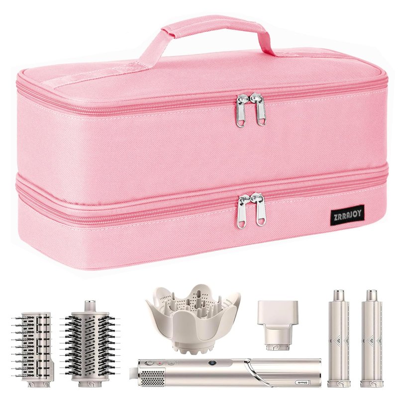 ZRRAJOY Double Layer Storage Case For Shark Flexstyle, Travel Carrying Case For Shark 430/440 Flexstyle, Organizer Bag For Shark Flexstyle/Dyson Airwrap Styler Attachments (Pink)