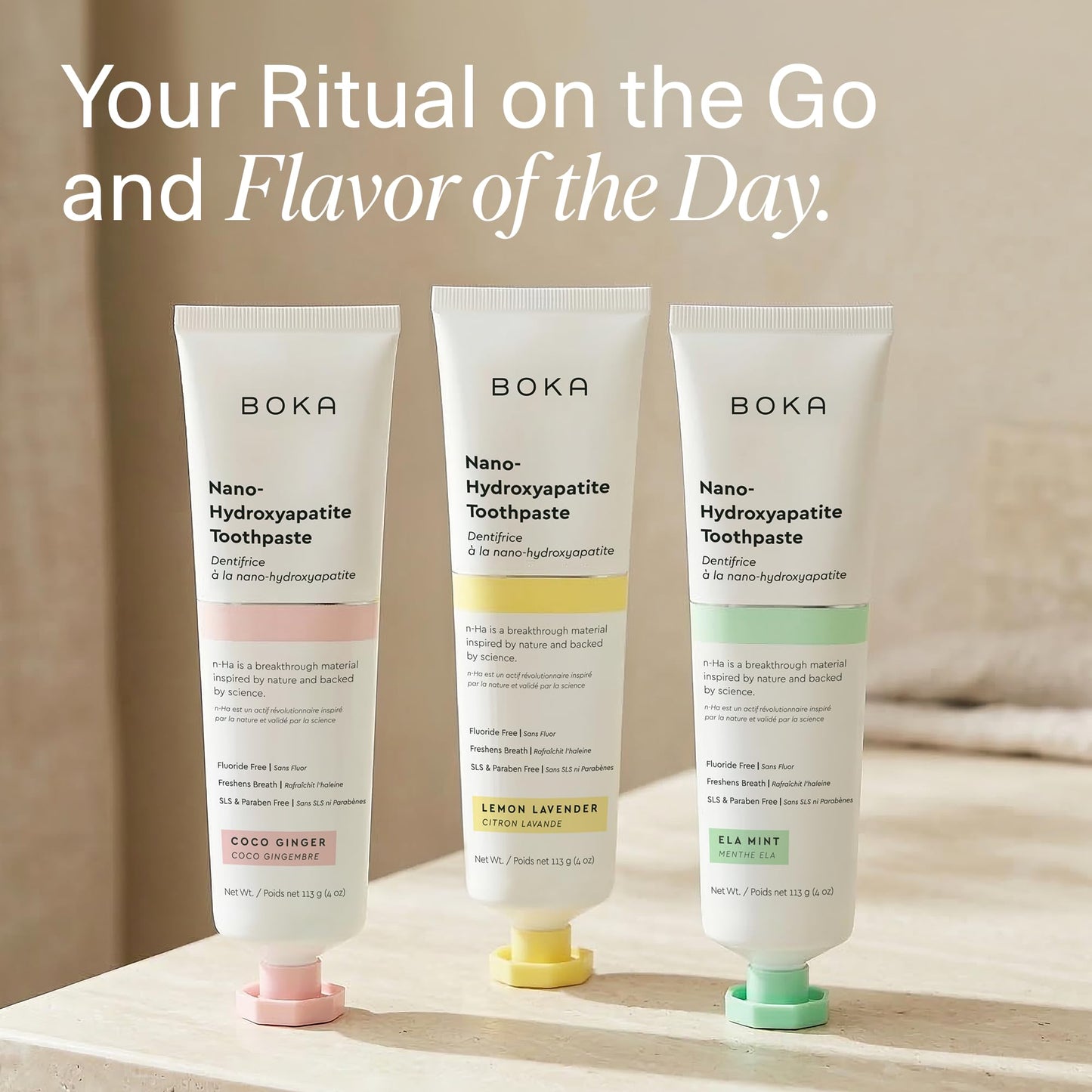 Boka Fluoride Free Toothpaste, Nano Hydroxyapatite Toothpaste, Appropriate for Sensitive Teeth - for Adult Oral Care - Ela Mint, Coco Ginger, Lemon Lavender Flavor, 4 Fl Oz 3Pk