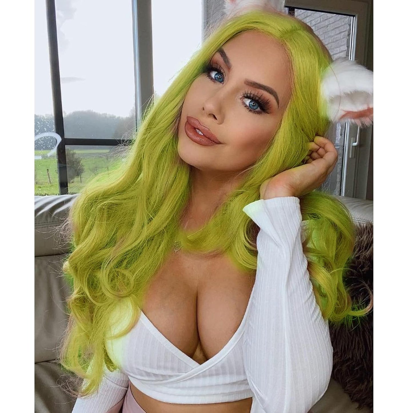 Yellow Green Lace Front Wig for Women - Long Wavy Synthetic Hair | Realistic Glueless 24-Inch Cosplay Style