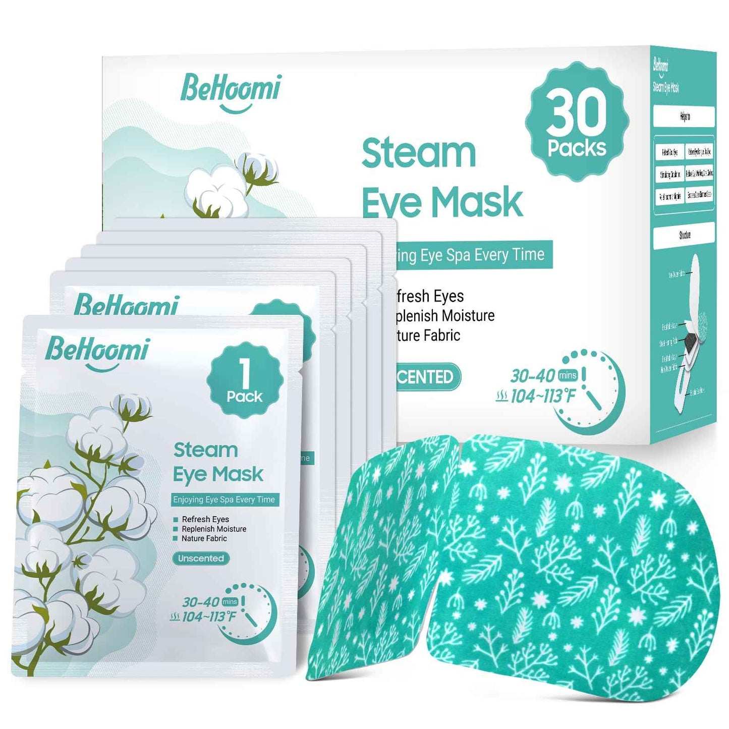 BeHoomi 30Packs Steam Eye Mask, Heated Eye Mask Warm Compress for Eyes, Self Heating Warm Eye Masks Disposable Steam Mask for Home Sleep, Spa, Travel Essentials & Relaxation Gifts (Unscented)