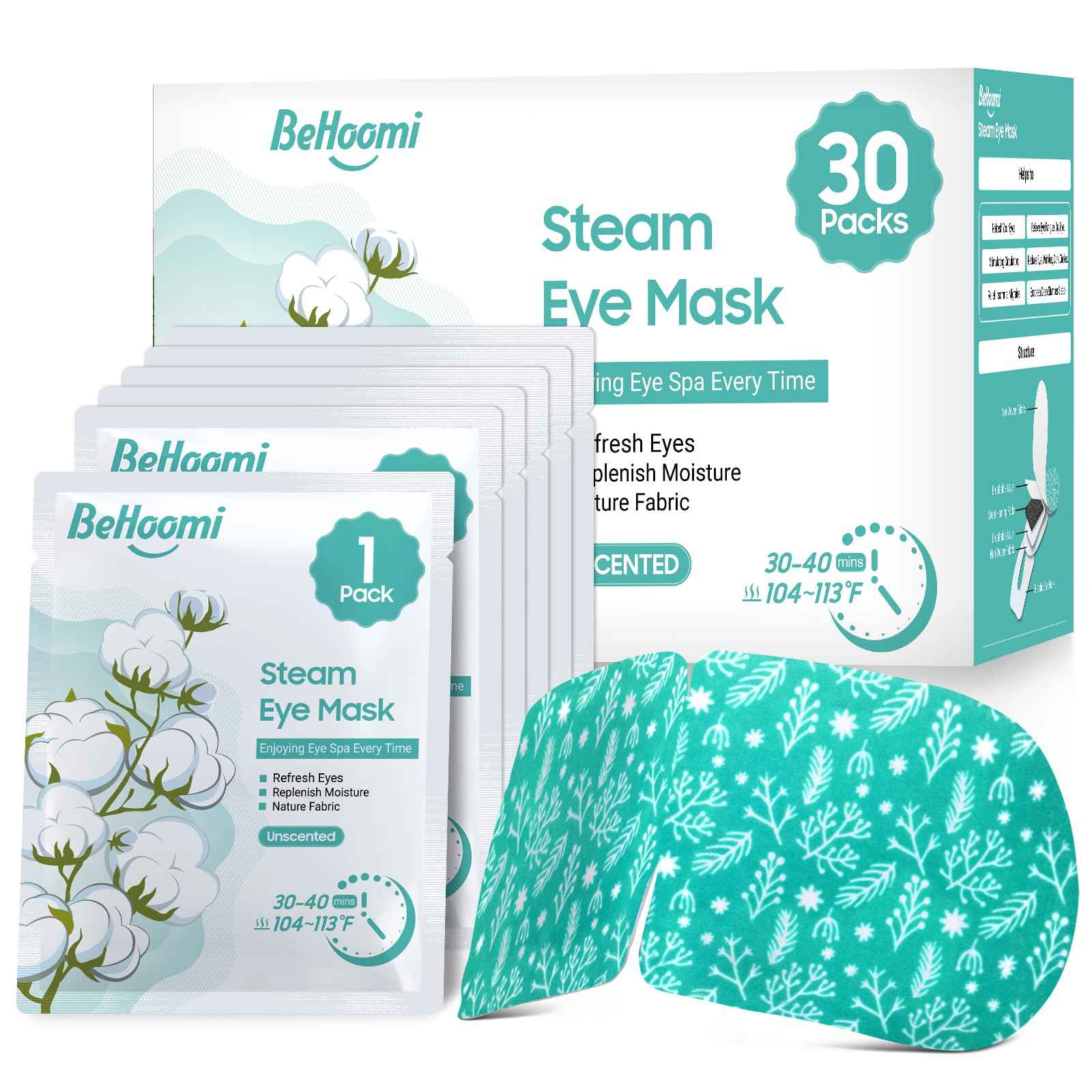 BeHoomi 30Packs Steam Eye Mask, Heated Eye Mask Warm Compress for Eyes, Self Heating Warm Eye Masks Disposable Steam Mask for Home Sleep, Spa, Travel Essentials & Relaxation Gifts (Unscented)