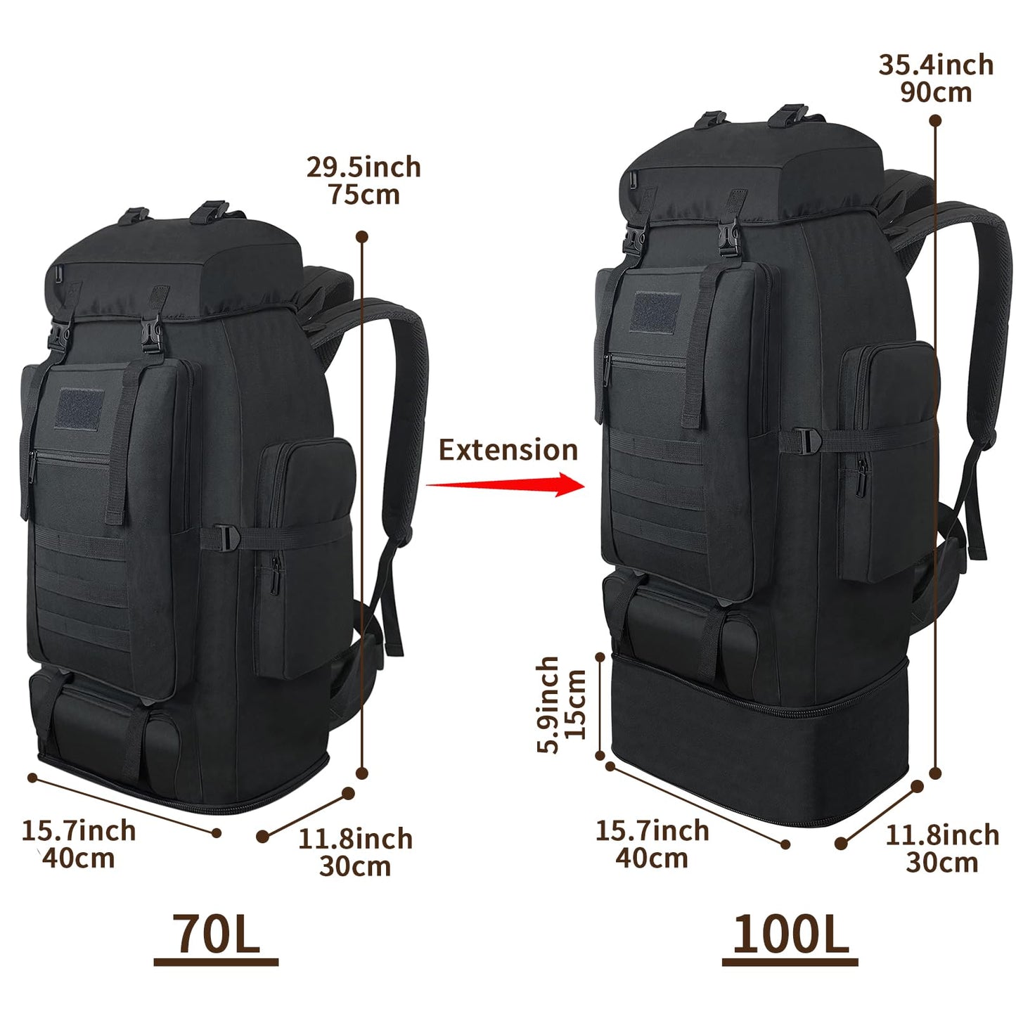 Vaupan Hiking Backpack, 100L Large Camping Backpack, Expandable Waterproof Molle Rucksack, Outdoor Sport Travel Daypack Military Tactical Back pack for Men Women (Black)