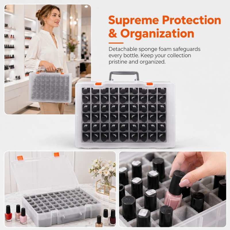 ALCYON 54-Bottle Nail Polish Organizer Case - Professional Clear Storage Box with Shockproof Sponge Foam - Secure Travel Bag for Beetles, for Essie - Prevents Glass Breakage Organized (Grey, For 54)