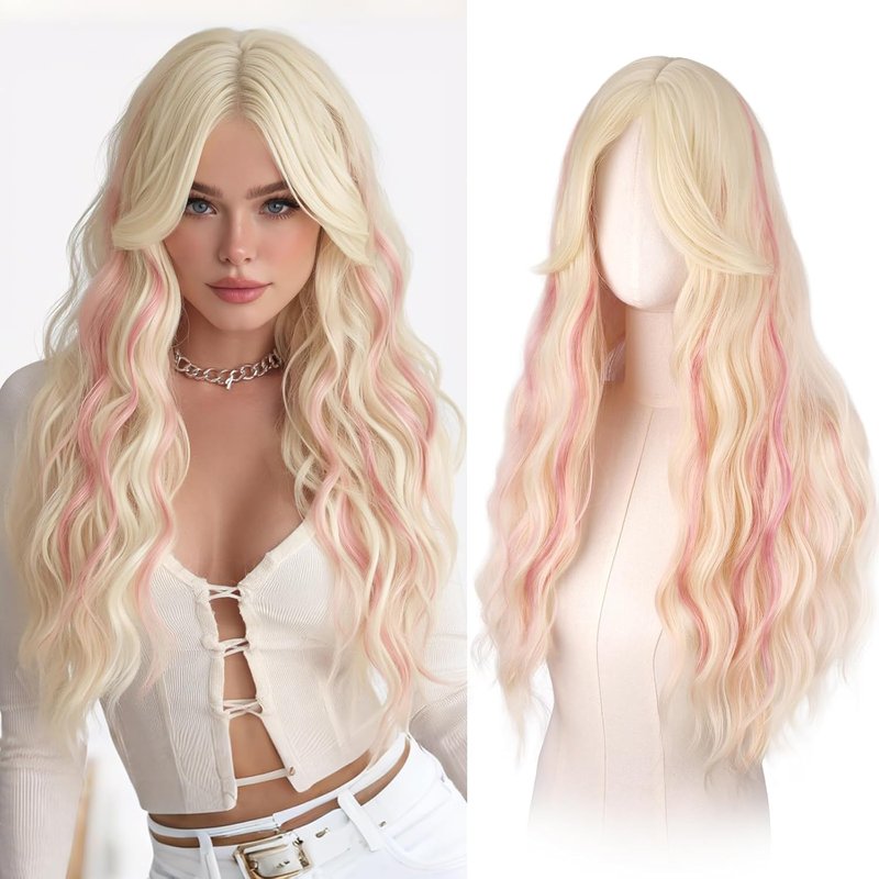 Blonde Wigs with Curtain Bangs - Long Wavy Synthetic Hair Wig for Women | 26 Inch Blonde Mixed Pink