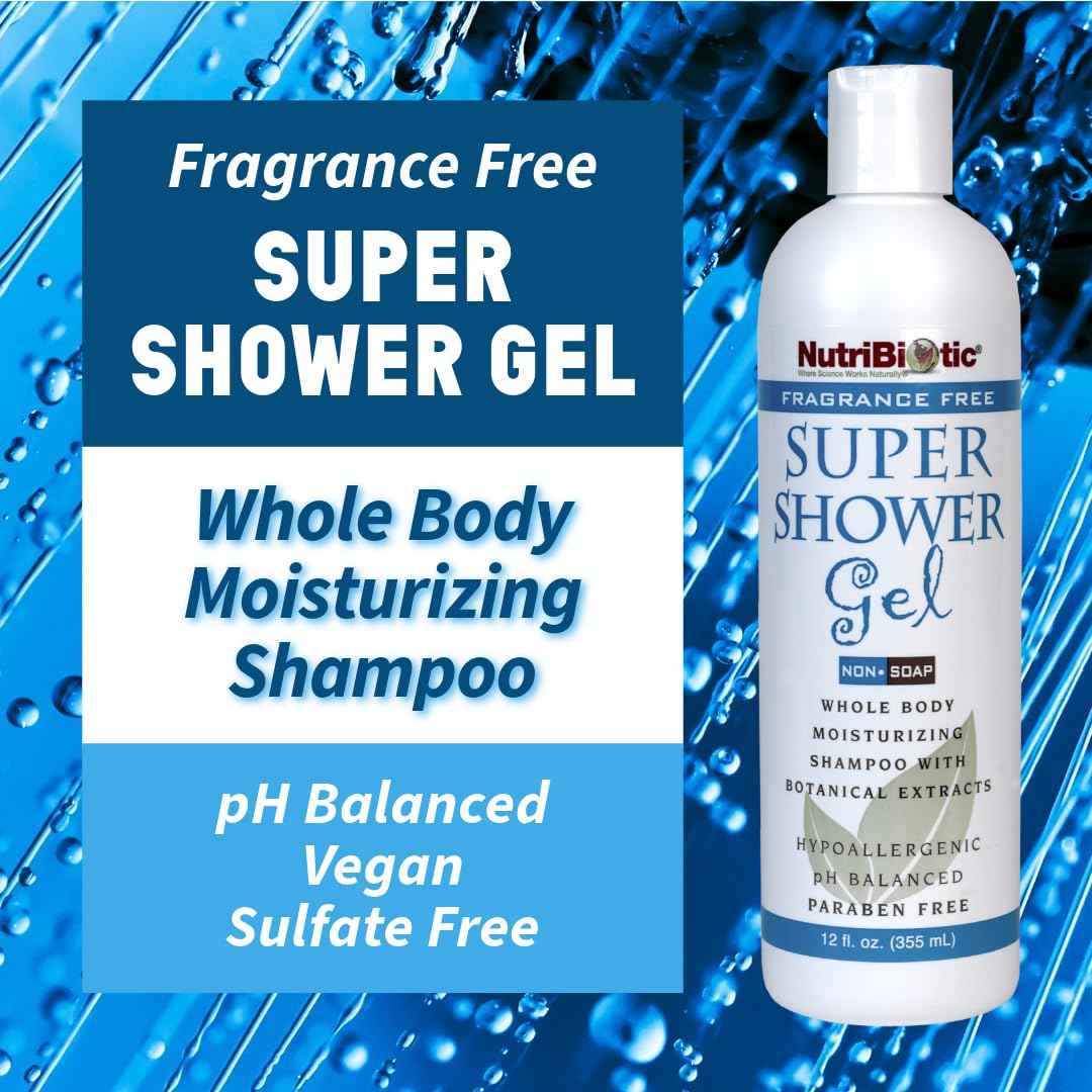 NutriBiotic – Fragrance-Free Super Shower Gel, 12 Oz Twin Pack | Whole-Body Moisturizing Shampoo with GSE & Botanical Extracts | pH Balanced & Free of Gluten, Parabens, Sulfates, Dyes & Colorings