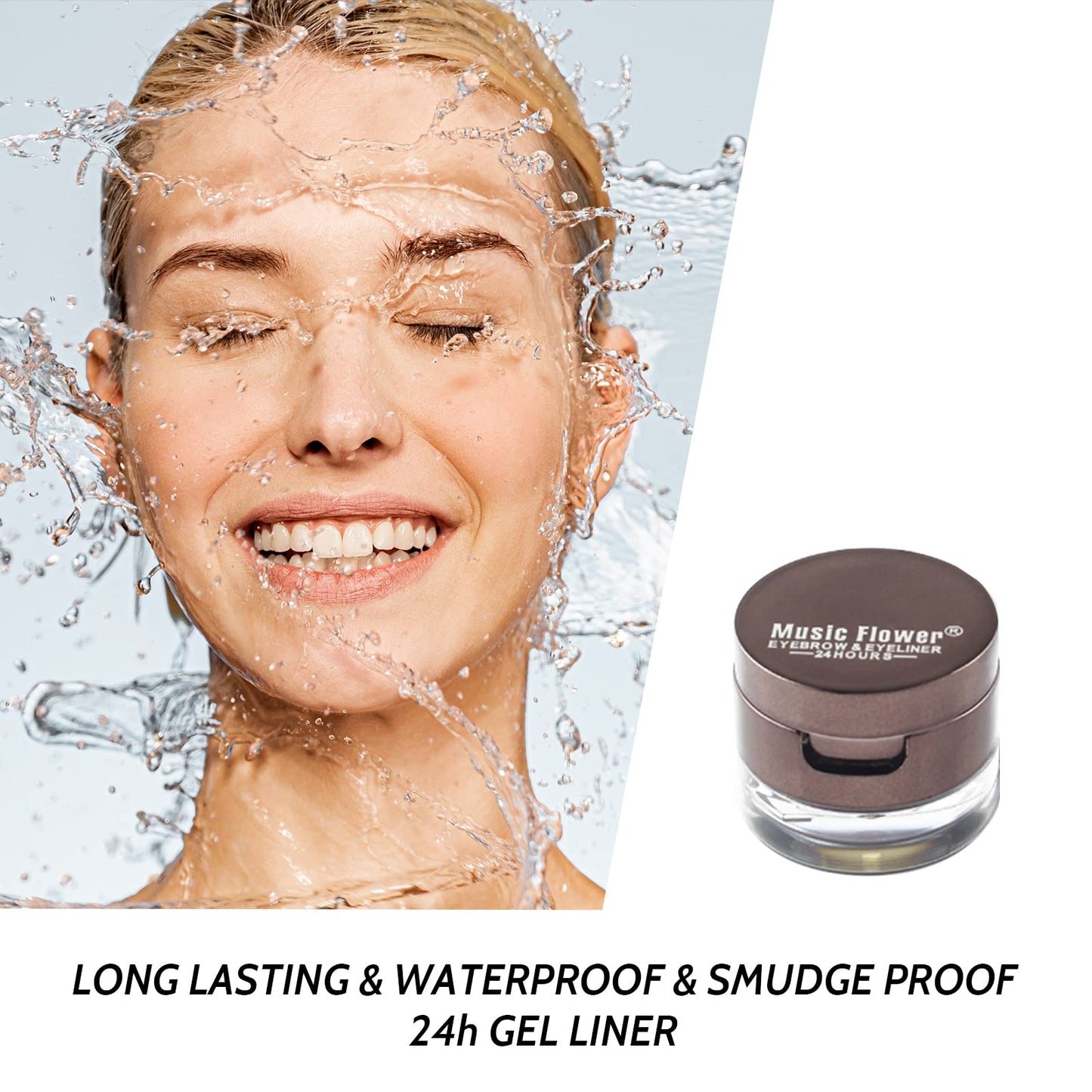Music Flower Gel Eyeliner Eyebrow Powder, Black and Brown Waterproof Smudgeproof Long Lasting Makeup Eyeliner Gel with Brush Mirror, 0.49 Ounce, Pack of 2