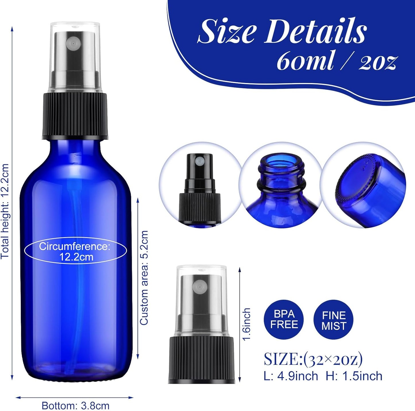 32 Pcs Glass Spray Bottles - 2 oz Fine Mist Refillable Containers for Essential Oils, Travel, Skin Care & Cleaning
