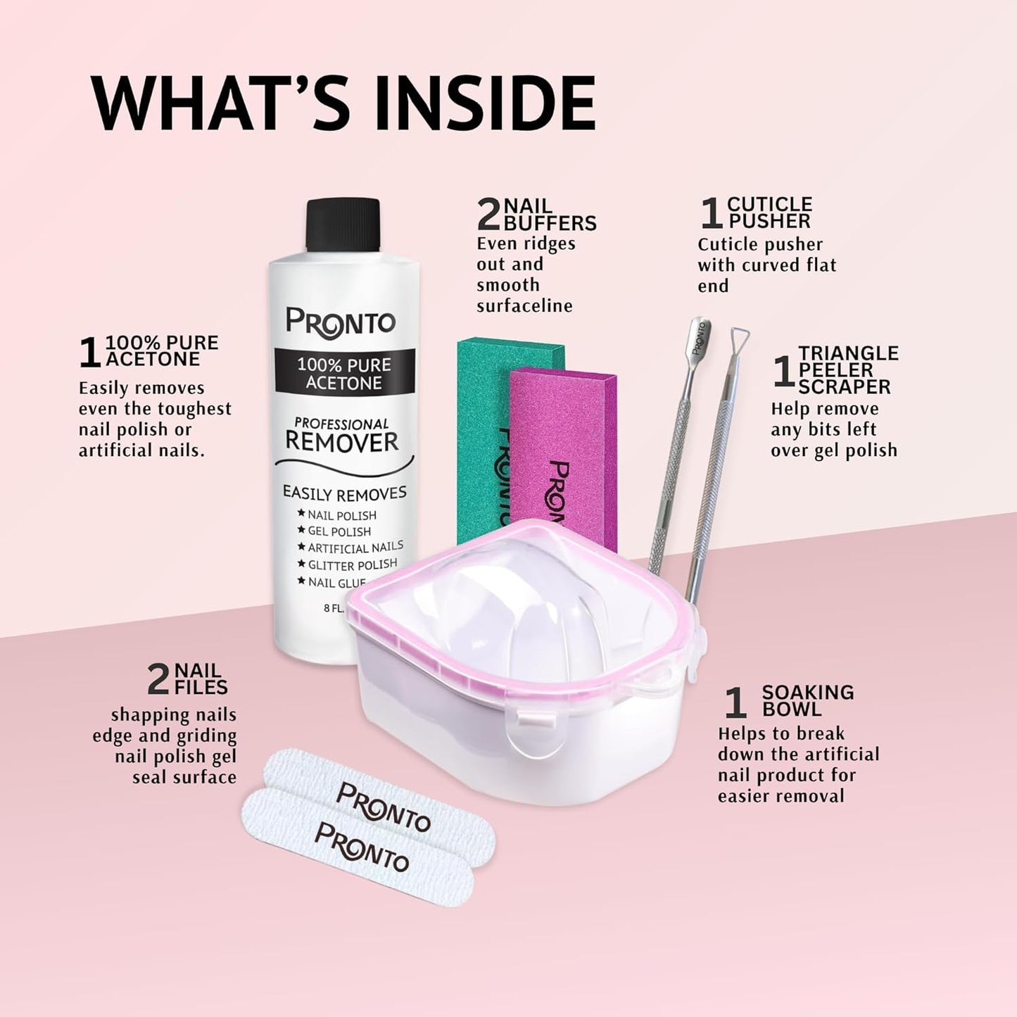 Pronto Gel Nail Polish Remover Kit - 8 Oz Pure Acetone | Complete Nail Care Set with File, Soak Off Bowl & Buffer