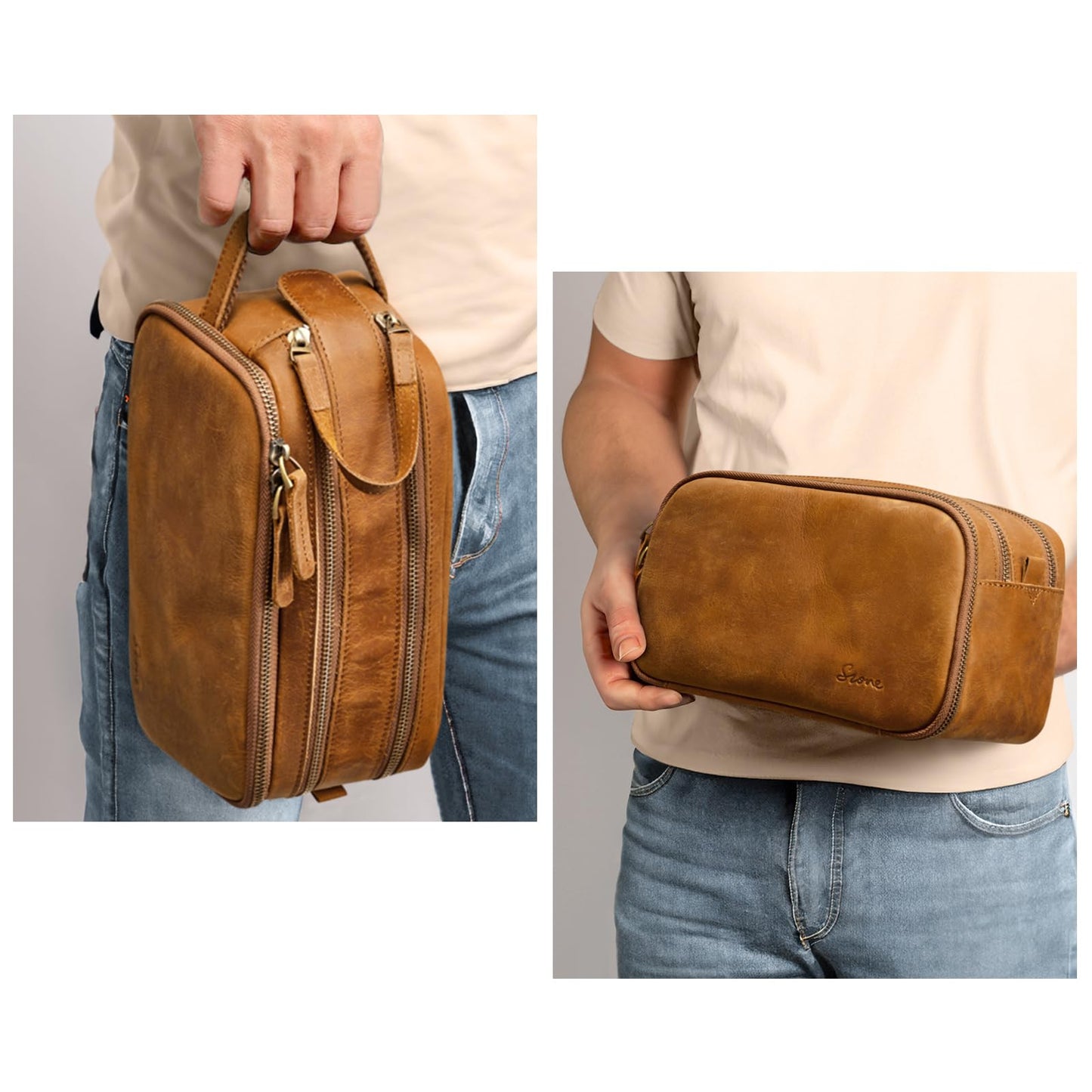 S-ZONE Leather Travel Toiletry Bag for Men Women Traveling Cosmetic Shaving Bags Dopp Kit