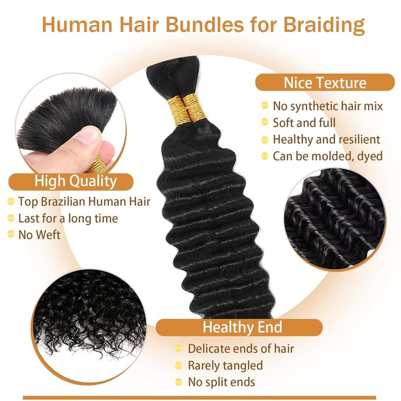 Human Braiding Hair - 18 Inch Natural Black Deep Wave Bulk | 2 Bundles 100g Virgin Curly for Boho Knotless Braids